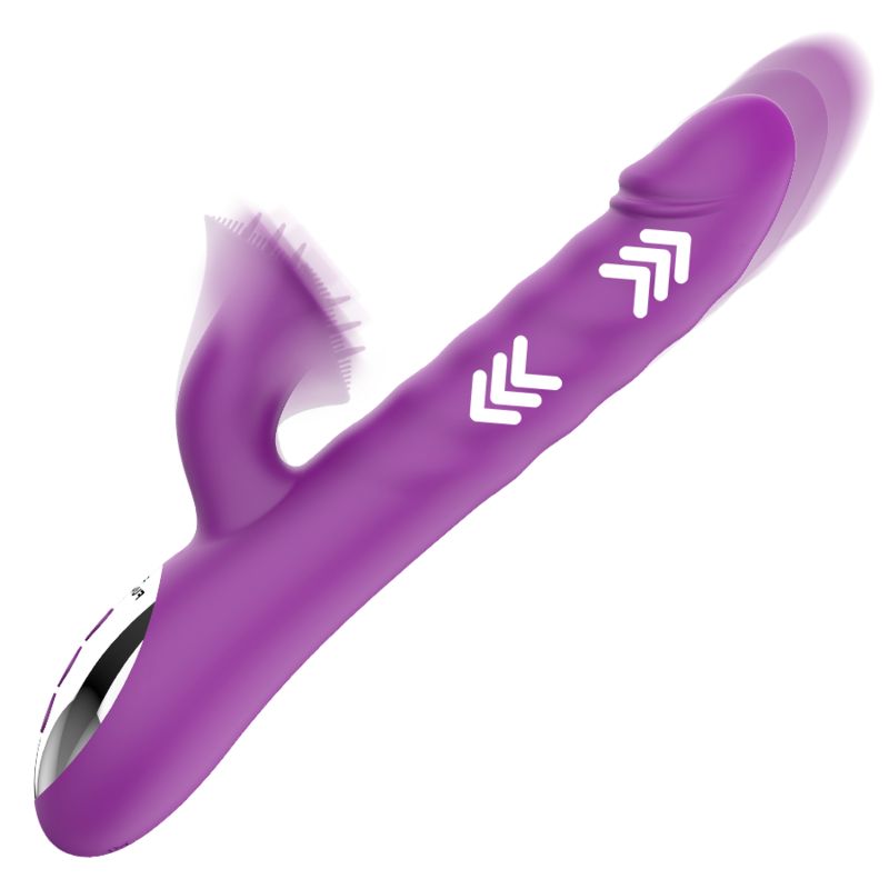 Lila Vibrator mit Pfeil-Symbolen, gebogenem Element und drei Knöpfen.