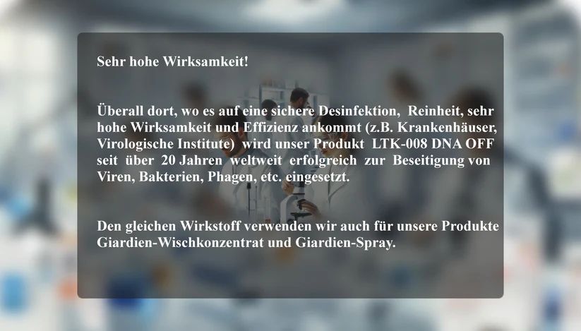 Text auf unscharfem Hintergrund. Text: "Sehr hohe Wirksamkeit!" und weitere Informationen.