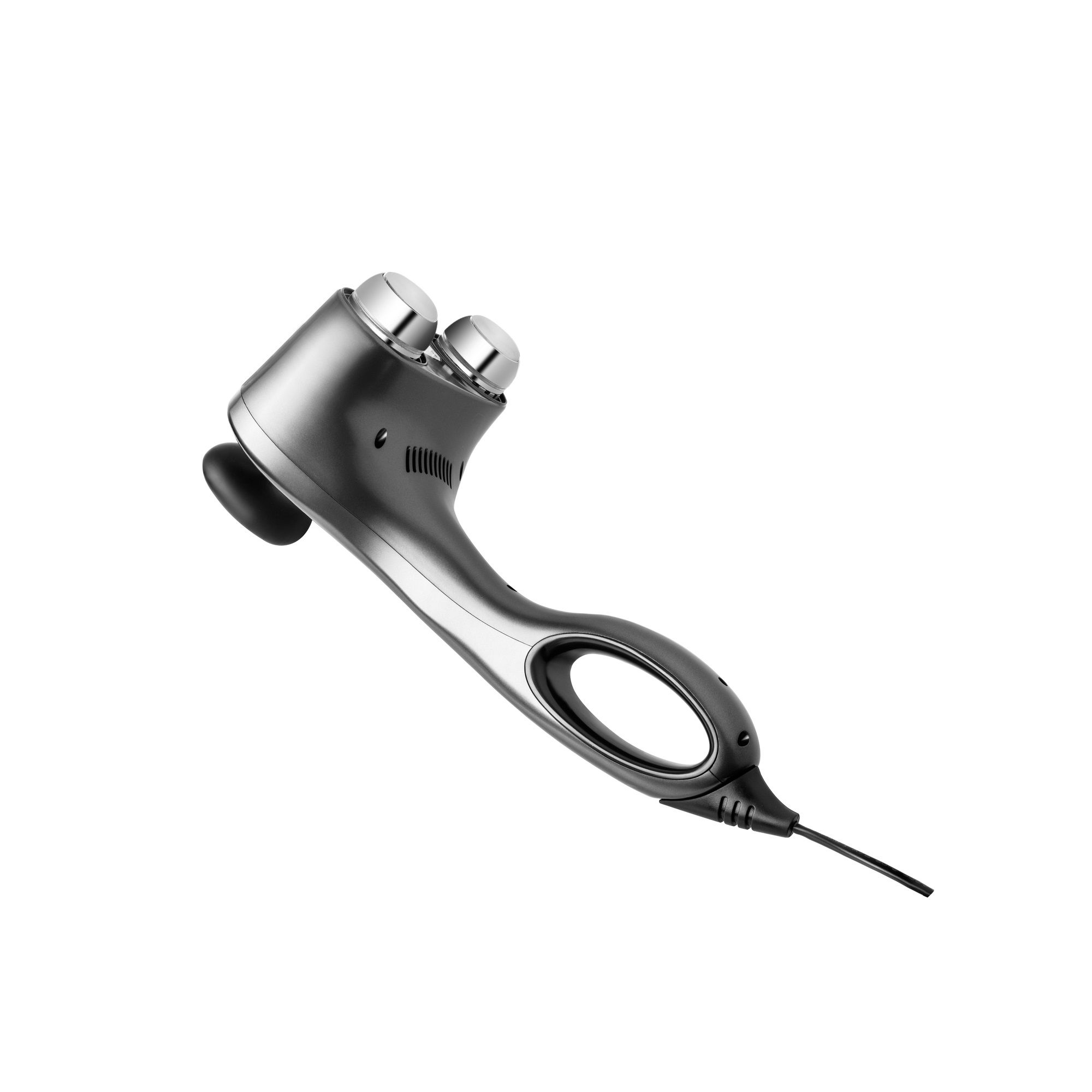 Silberfarbenes Handmassagegerät. Ergonomisches Design mit zwei Massageköpfen und Griff. Stromkabelanschluss.