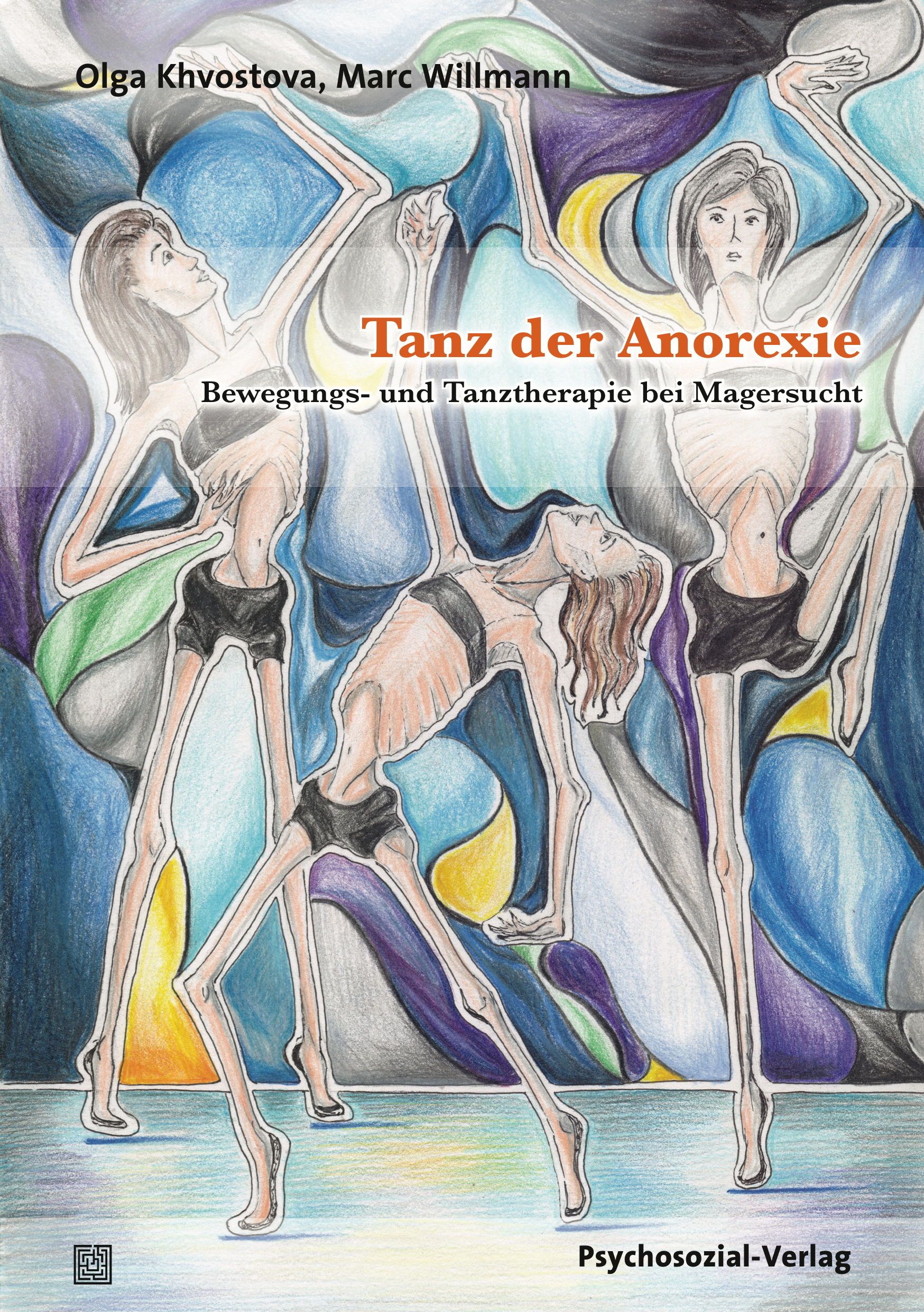 Buchcover: Titel "Tanz der Anorexie". Illustration von drei dünnen Figuren in Tanzposen. Autoren: Olga Khvostova, Marc Willmann.