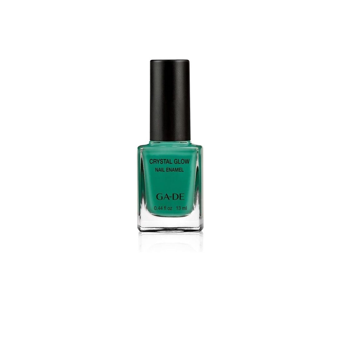 Grüner Nagellack in quadratischer Glasflasche mit schwarzem Deckel. Aufschrift: Crystal Glow Nail Enamel, GA-DE.