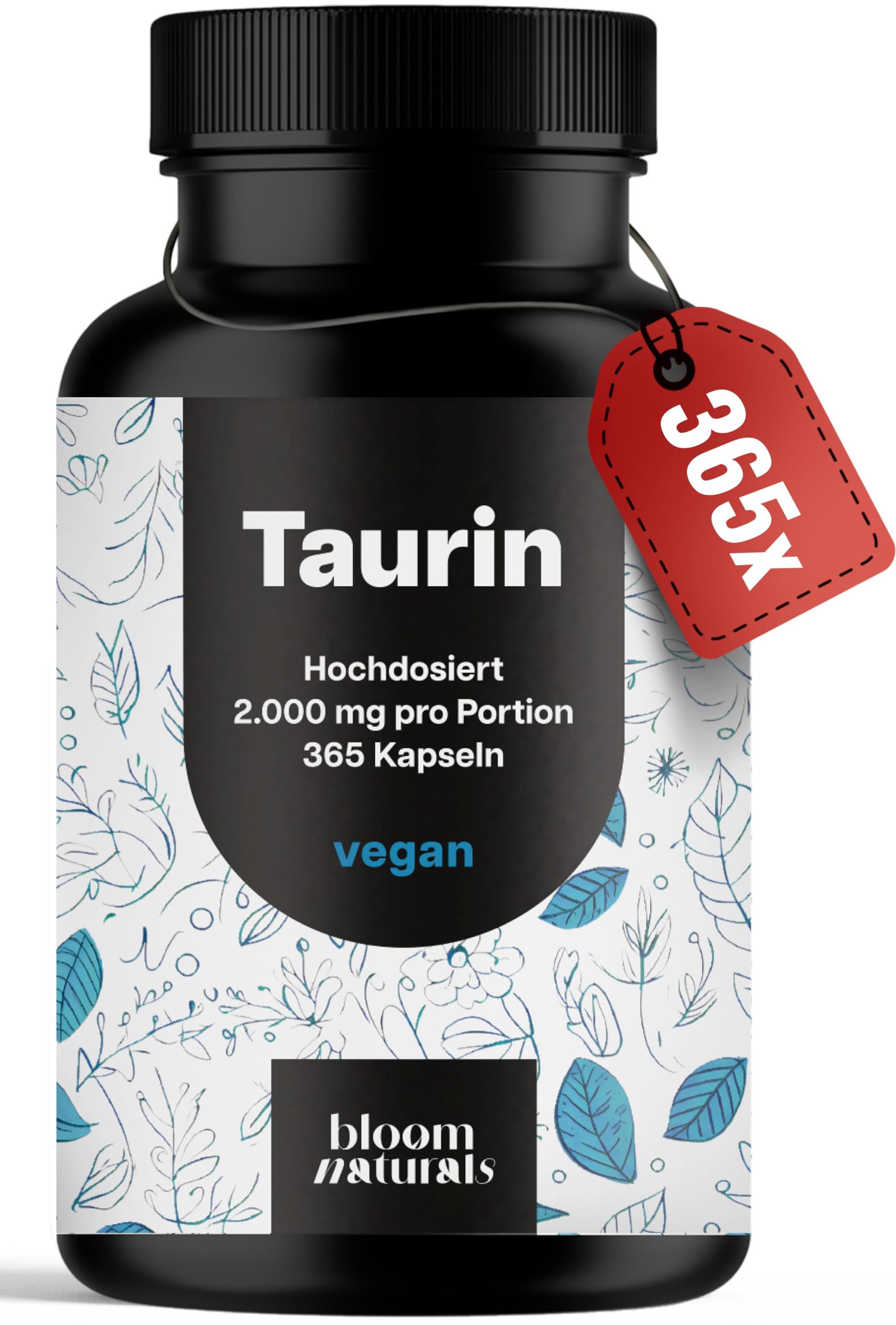Bloom Naturals Taurin Kapseln: 365 Kapseln, 2000 mg pro Portion, vegan.