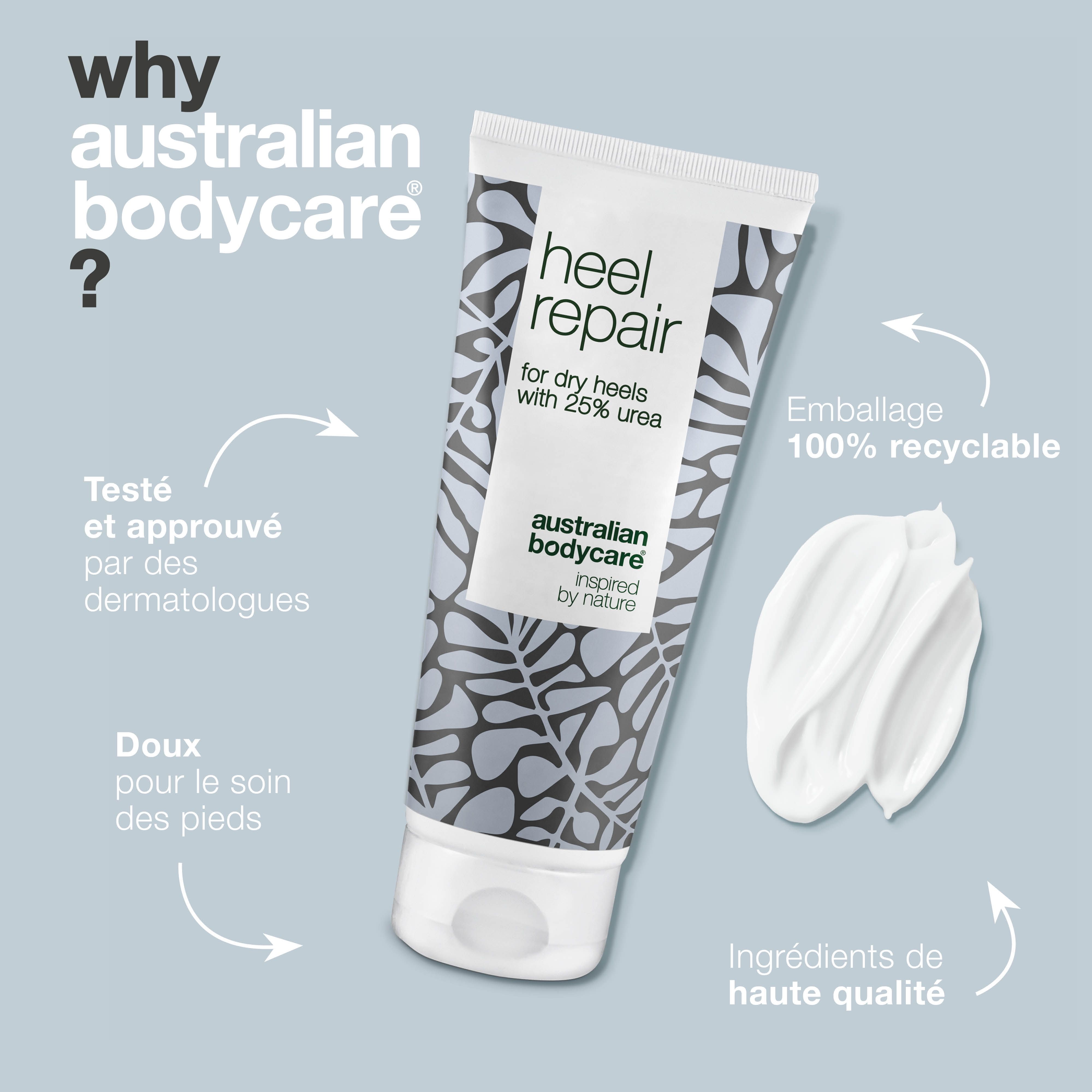 Tube de produit avec texte et goutte de crème. Texte : 'Pourquoi Australian Bodycare ?'