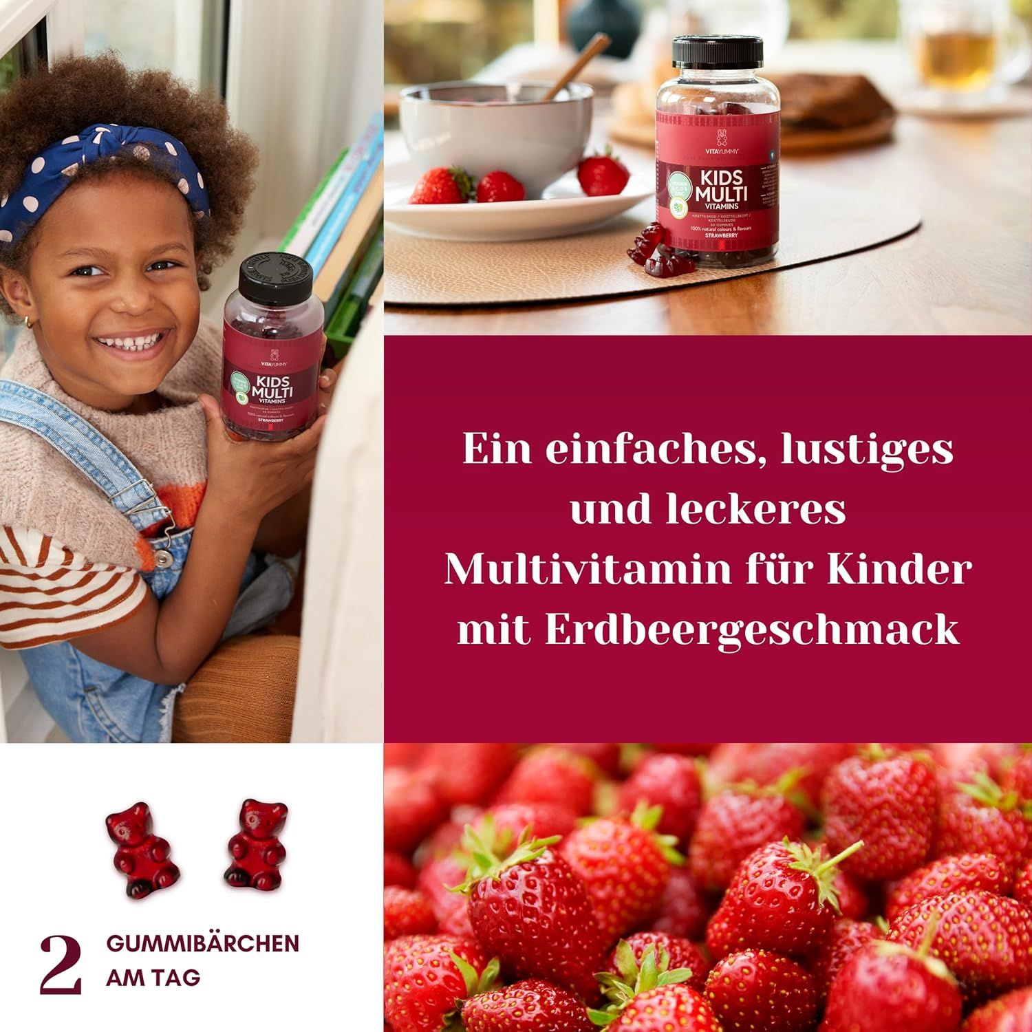Kind hält Flasche mit Gummibärchen. Text: Einfaches Multivitamin für Kinder mit Erdbeergeschmack. 2 Gummibärchen pro Tag. Erdbeeren.