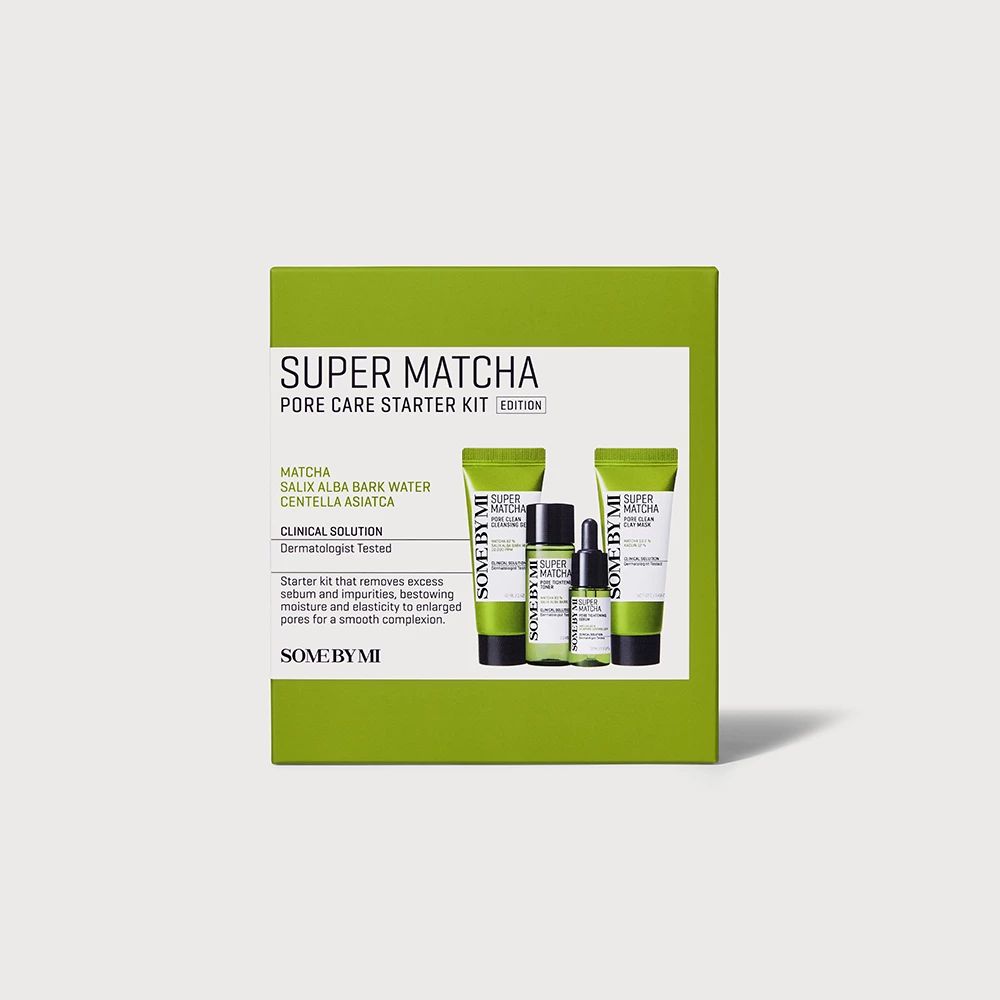 Grüne Box mit Hautpflegeprodukten. Enthält Reinigungsgel, Toner, Serum und Maske. Produktname und Logo auf der Verpackung.