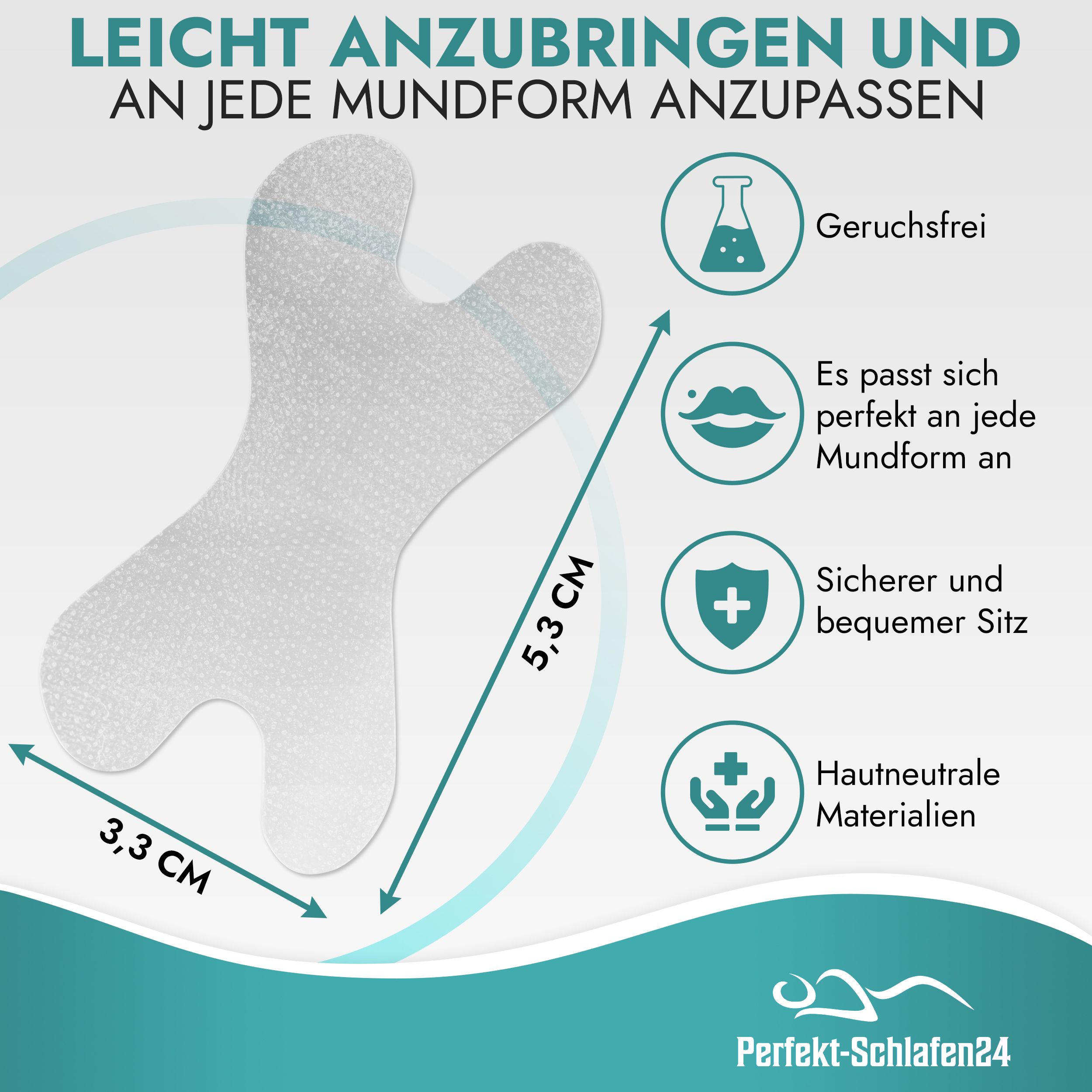 Mundpflaster. Maße: 3,3 cm x 5,3 cm. Eigenschaften: Geruchsfrei, passt sich an, sicherer Sitz, hautfreundliche Materialien.