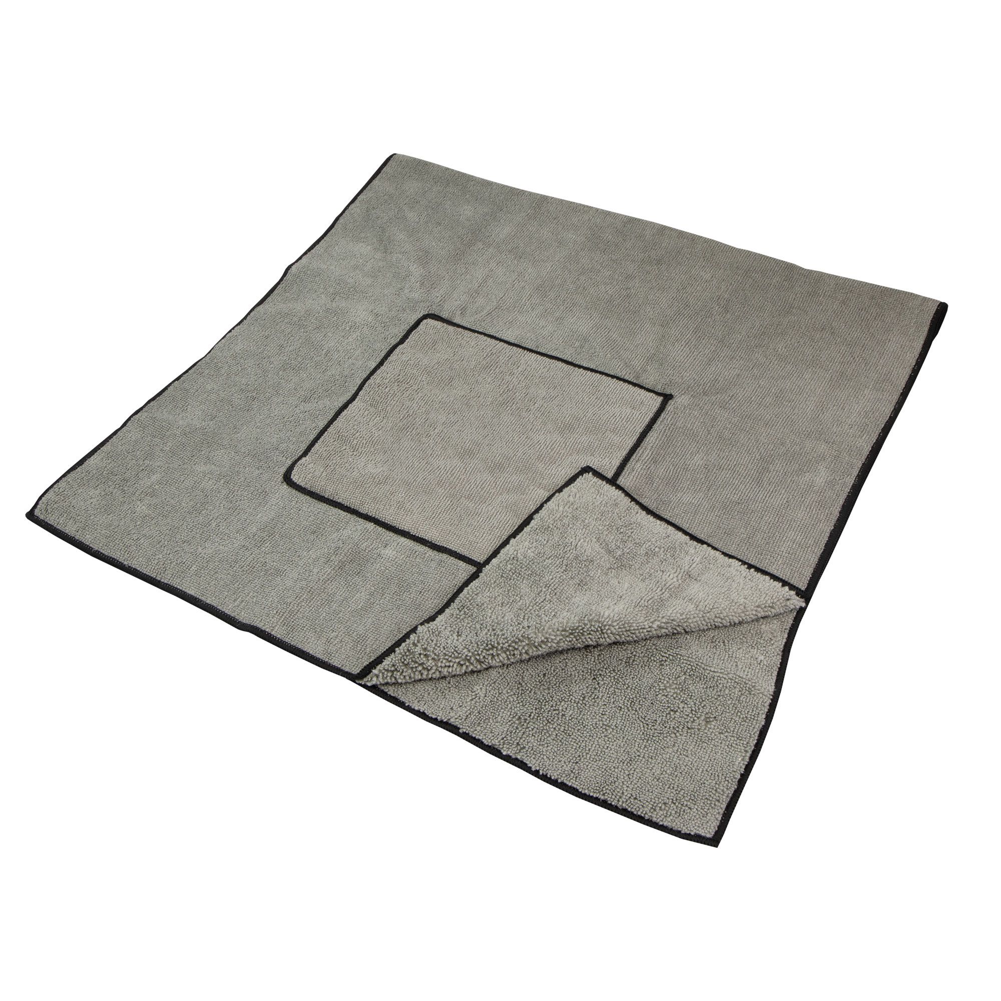 Graues Hundehandtuch, rechteckig, mit schwarzem Rand und eingenähtem Quadrat. Mikrofaser-Material.