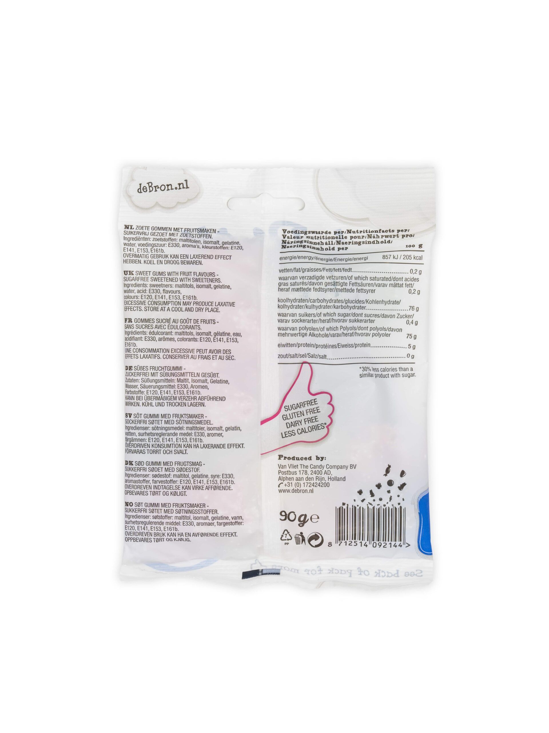 Rückseite der Pokerfruit-Verpackung. Text in mehreren Sprachen. Aufschrift: glutenfrei, weniger Kalorien. Gewicht: 90g.