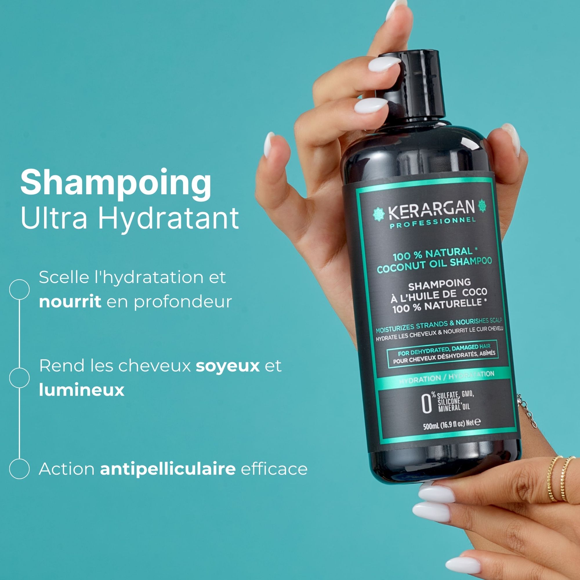 Main tenant un flacon de shampooing. Texte : Kerargan, 100% Natural Coconut Oil Shampoo. Ultra Hydratant. Scelle, nourrit, rend les cheveux soyeux.