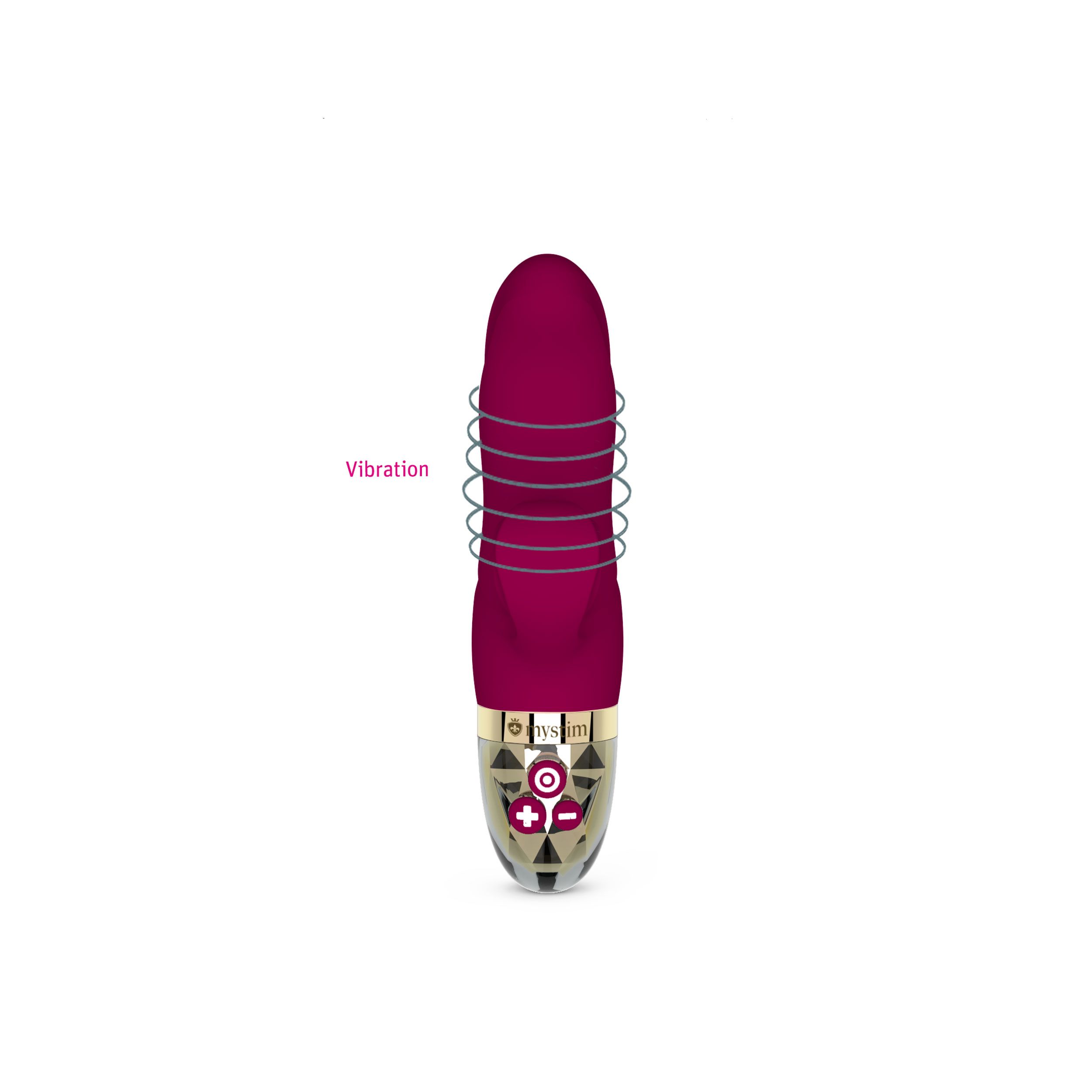 Fuchsiafarbener Vibrator mit Vibrationsanzeige. Bedienelemente mit Plus- und Minus-Tasten.