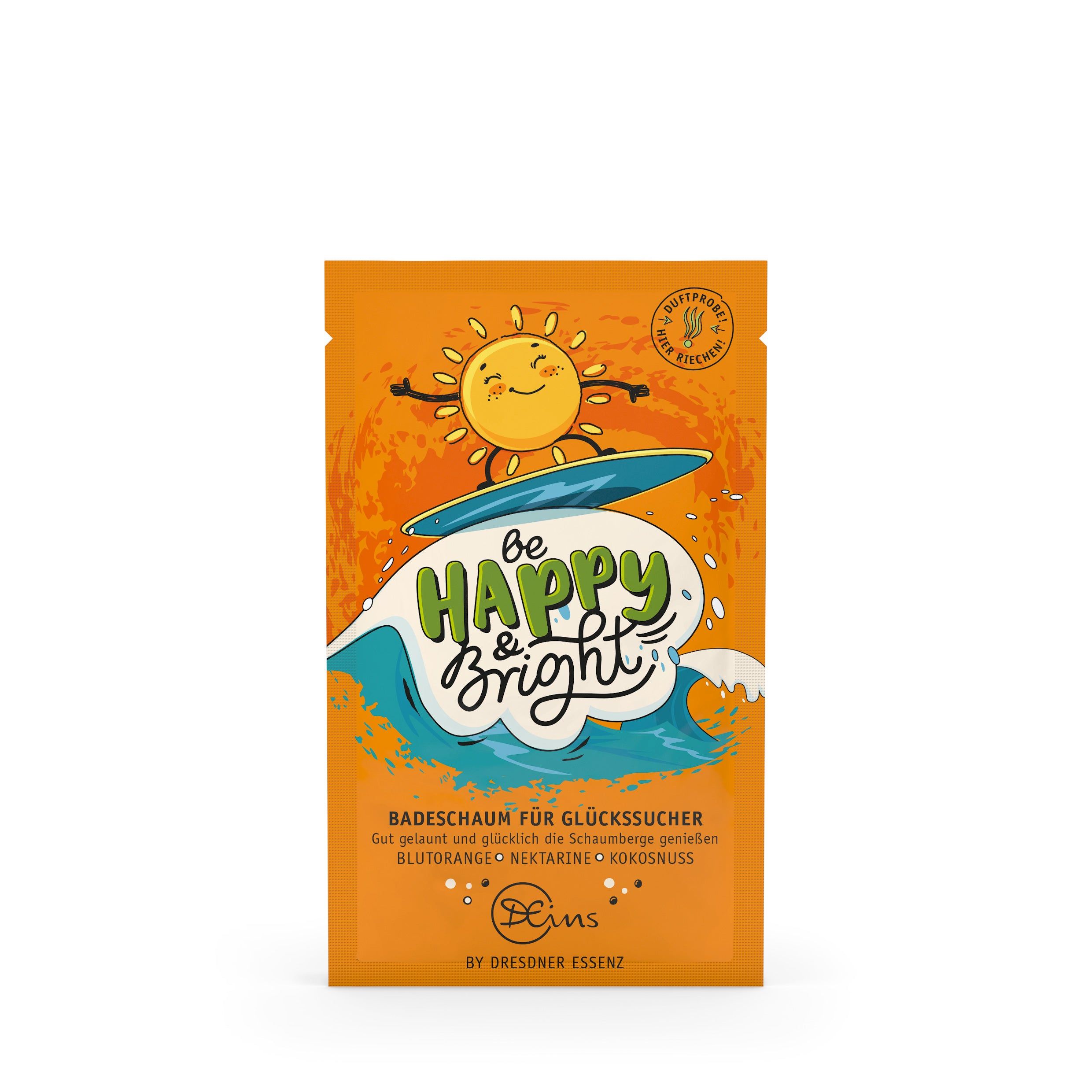 Oranje verpakking met illustratie van zon en golven. Tekst: Be Happy & Bright, badschuim. Logo: Dresdner Essenz.