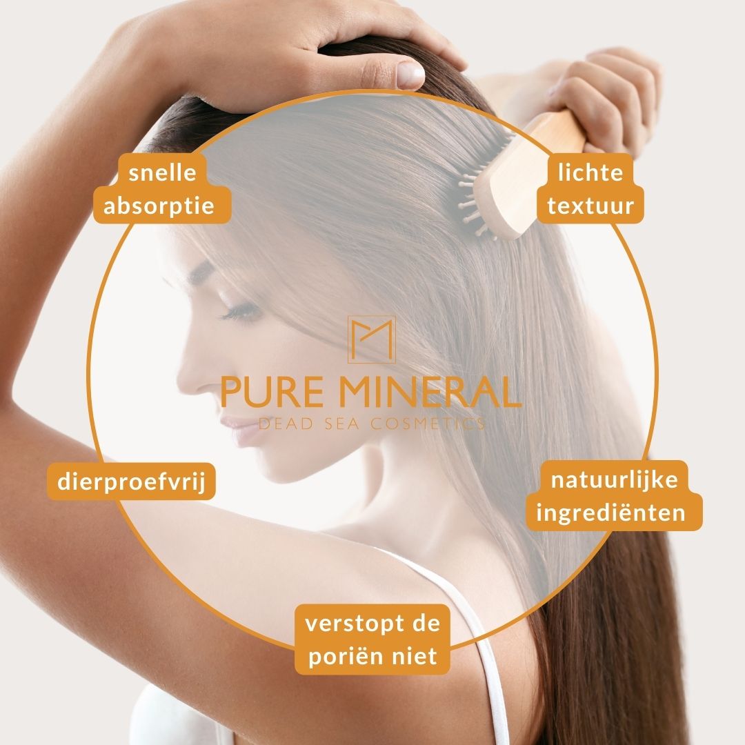 Vrouw met haarborstel. Tekst: Snelle absorptie, lichte textuur, dierproefvrij, natuurlijke ingrediënten.