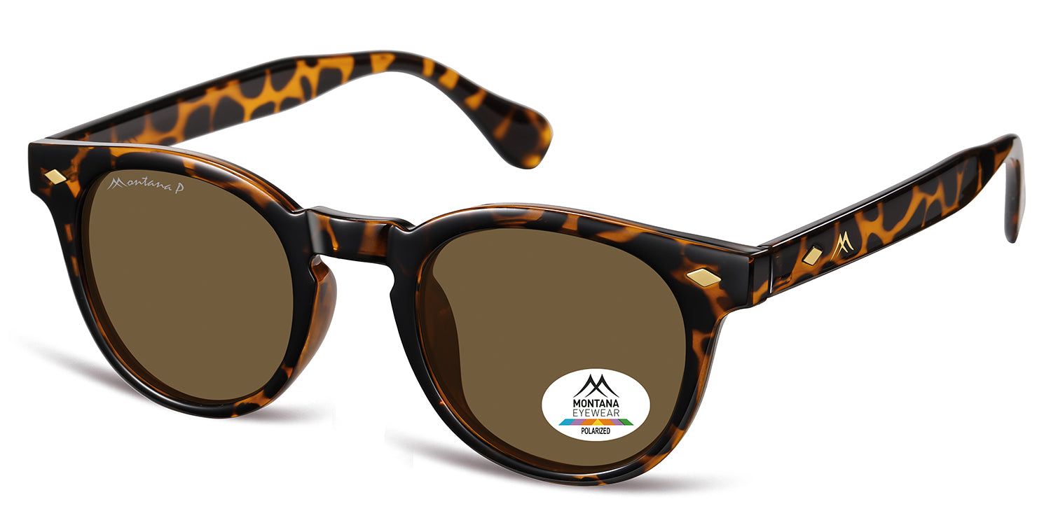 Sonnenbrille mit braunen Gläsern und Schildpatt-Muster. Logo und "Polarized"-Aufkleber auf dem Glas. Marke: Montana Eyewear.
