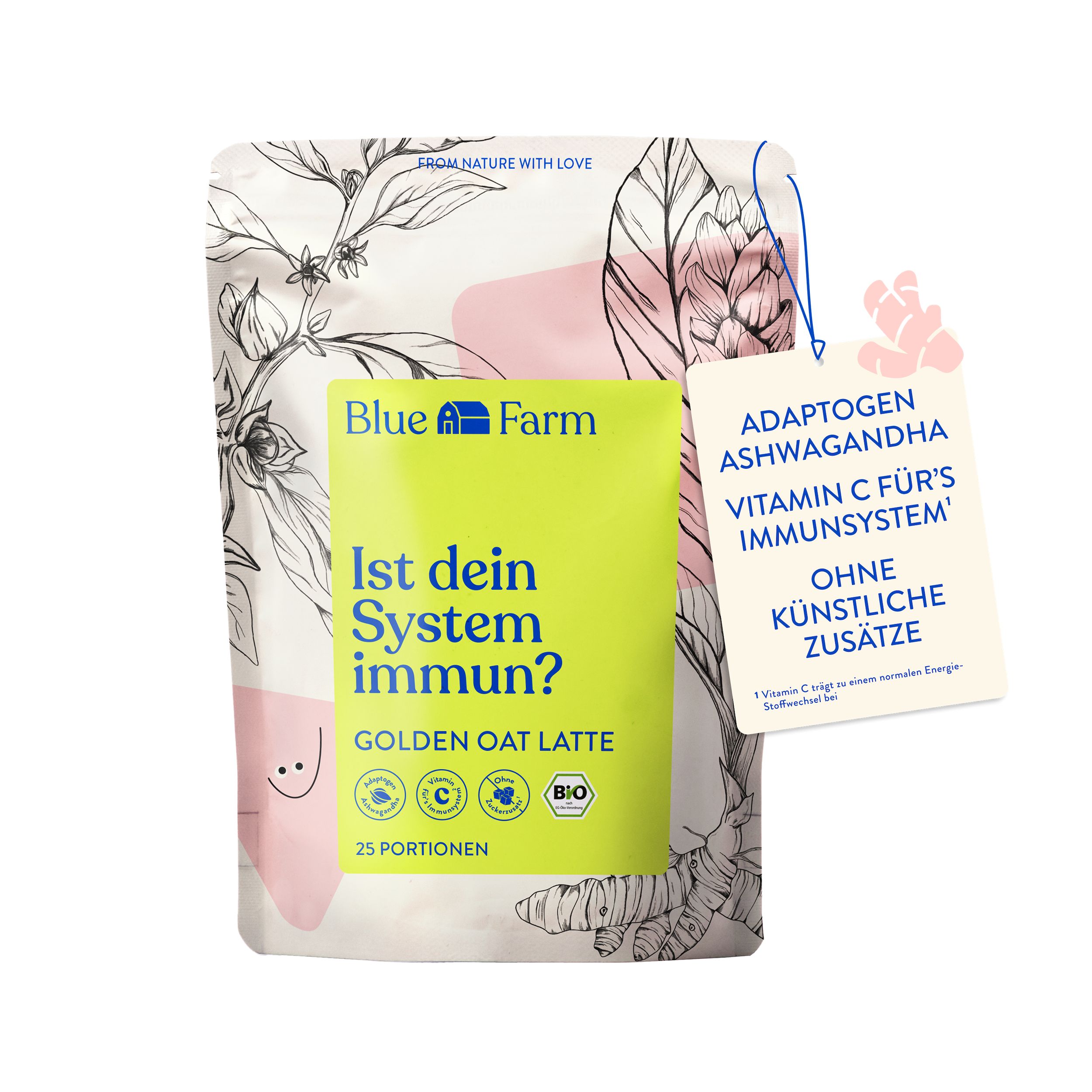 Beutel mit "Blue Farm Golden Oat Latte". Aufschrift: "Ist dein System immun?" und "25 Portionen". Beilage mit Inhaltsangaben.