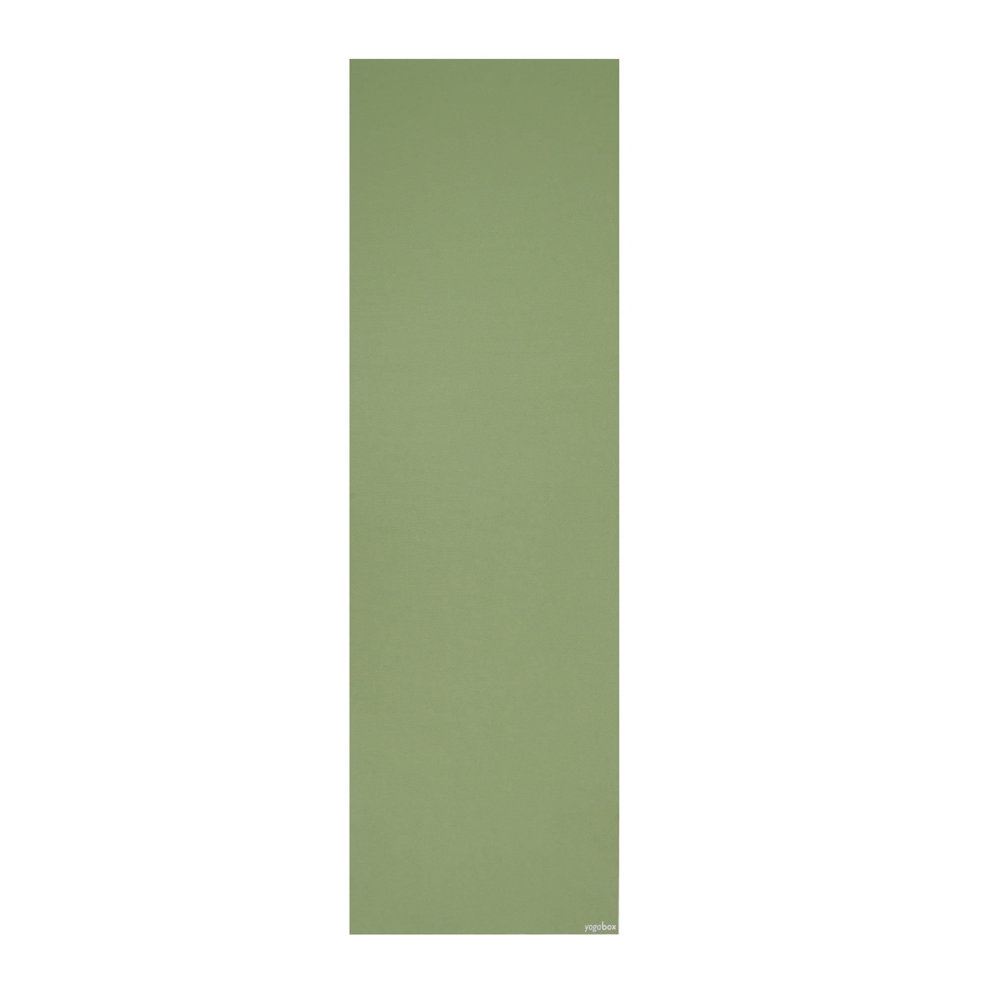 Entrollte, olivgrüne Yogamatte auf weißem Hintergrund. "yogabox" Logo unten rechts.