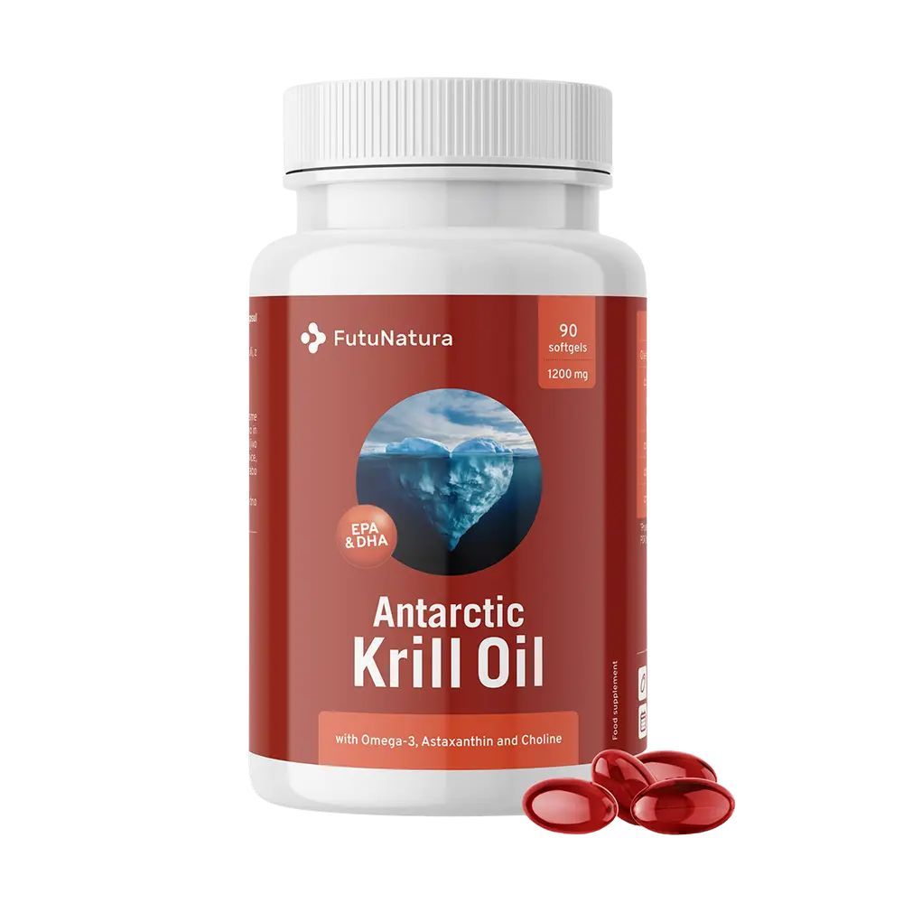 Weichkapseln in einer weißen Flasche. Aufschrift: Antarctic Krill Oil, 90 Softgels, 1200 mg. Rote Kapseln liegen daneben.