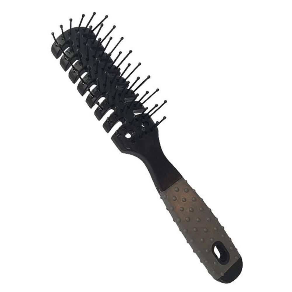 Schwarze Skelettbürste mit Griff. Borsten auf einem flexiblen Kopf. Griff mit Noppen und Loch.