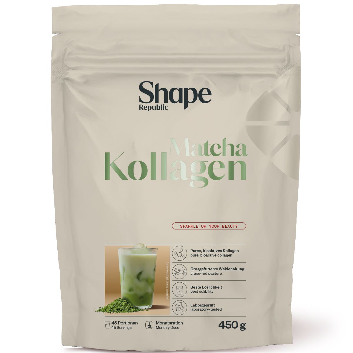 Beige Standbodenbeutel mit 'Shape Republic Matcha Kollagen' Aufdruck, 450g.