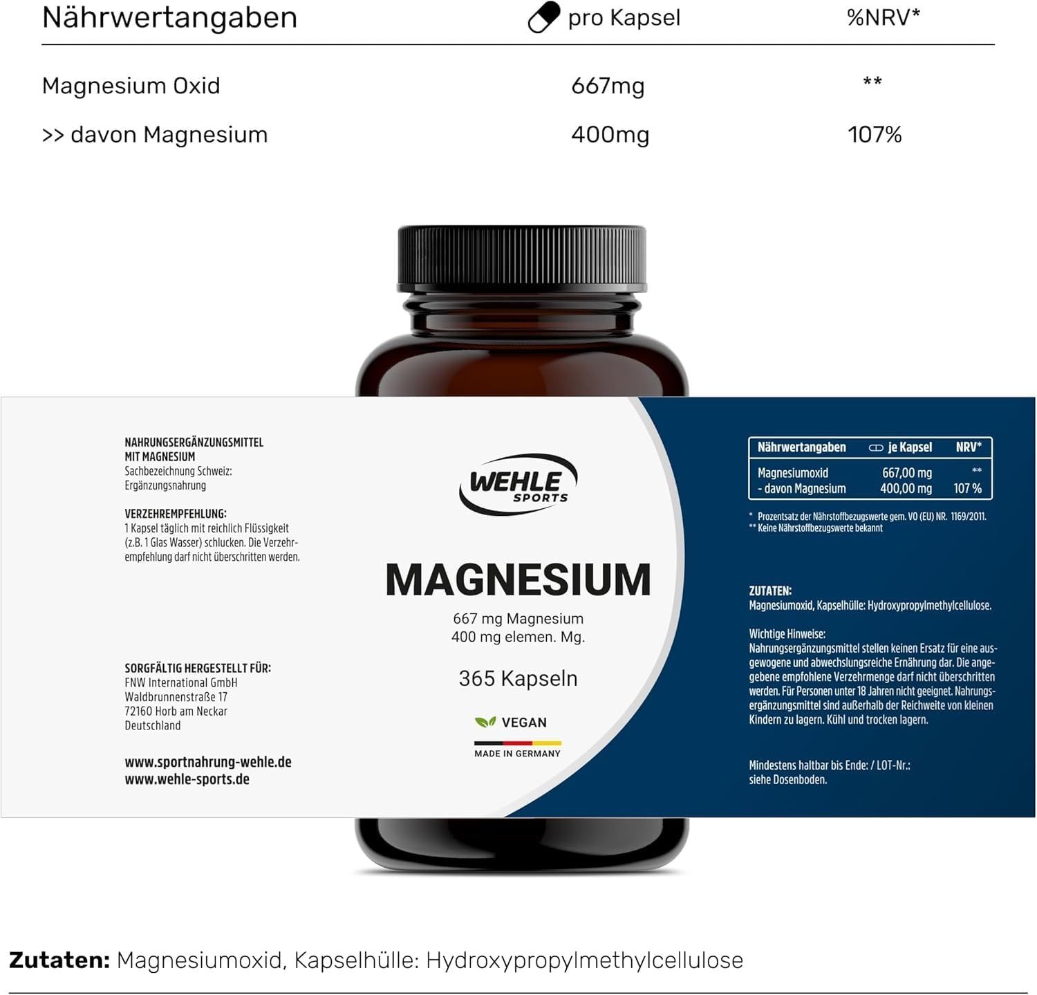 Nährwertangaben für Wehle Sports Magnesium: 667mg Magnesiumoxid, 400mg elementares Magnesium.