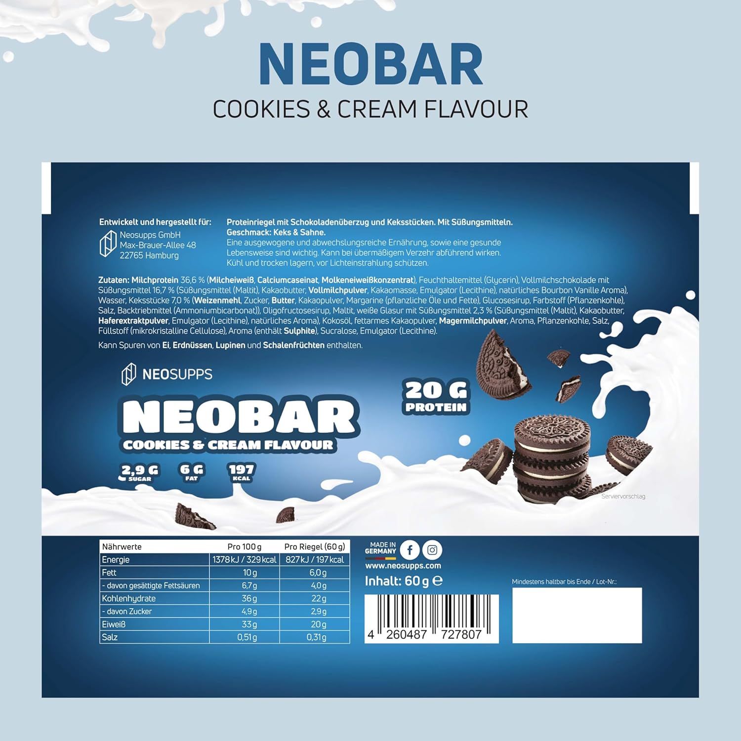 Blaue Verpackung mit Produktinformationen. Aufschrift: NeoBar Cookies & Cream Flavour, 20g Protein. Nährwerttabelle und Zutatenliste.