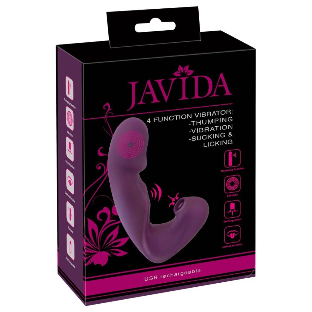 Lila Vibrator mit Klopffunktion und Klitorissauger in Verpackung. Schwarze Box mit Produktnamen JAVIDA und Funktionen.