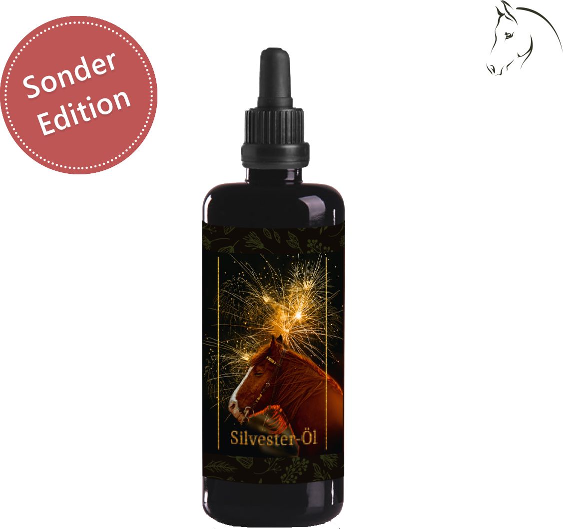 Braune Flasche mit schwarzem Deckel und Pipette. Etikett mit Pferdebild und "Silvester-Öl". "Sonder Edition"-Label.