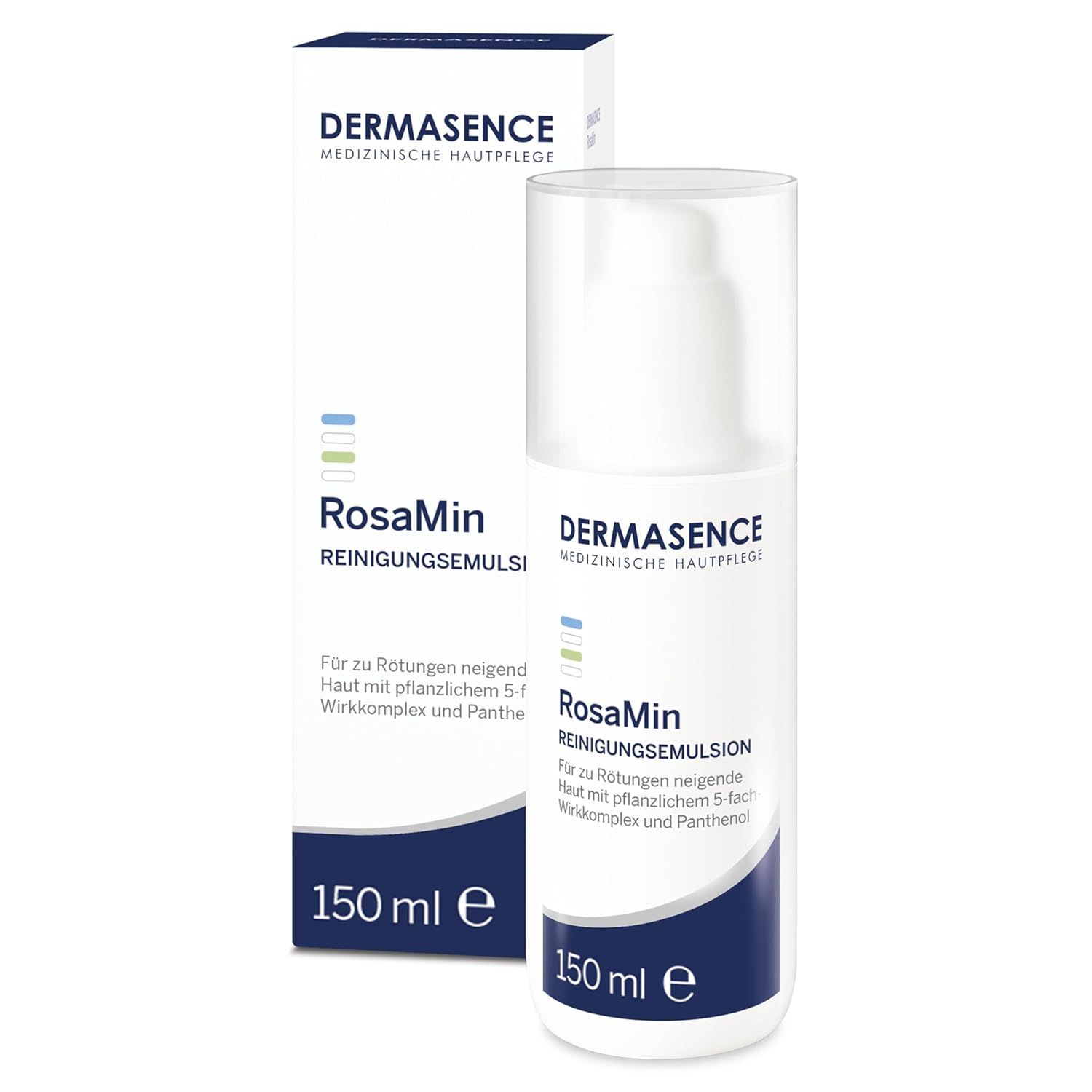 DERMASENCE RosaMin Reinigungsemulsion und Verpackung. Text: Für zu Rötungen neigende Haut. 150 ml. Mit pflanzlichem 5-fach-Wirkkomplex und Panthenol.