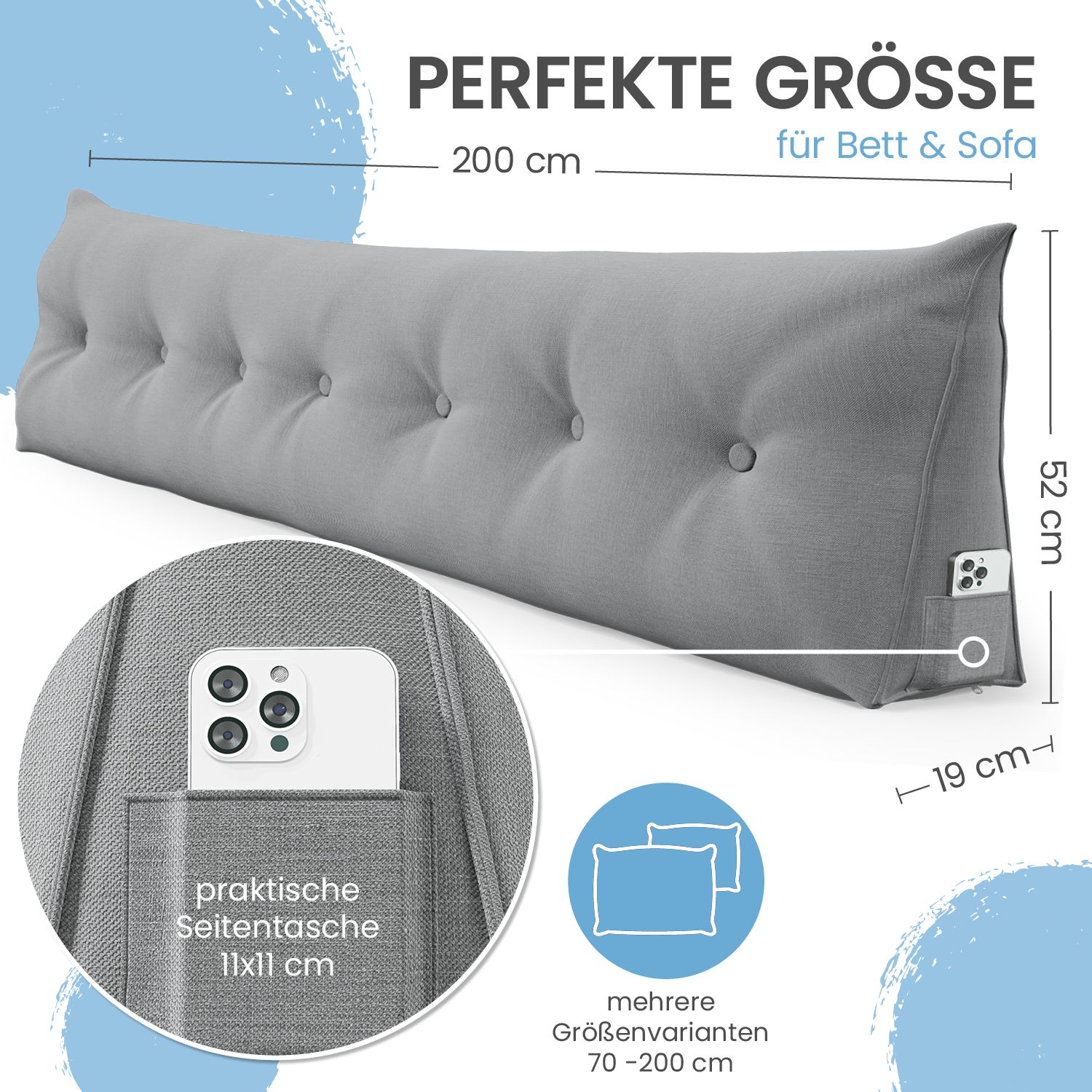 Graues Stützkissen mit Knöpfen. Maße: 200x52x19 cm. Mit Tasche für Handy. Text: "PERFEKTE GRÖSSE". Mehrere Größen verfügbar.