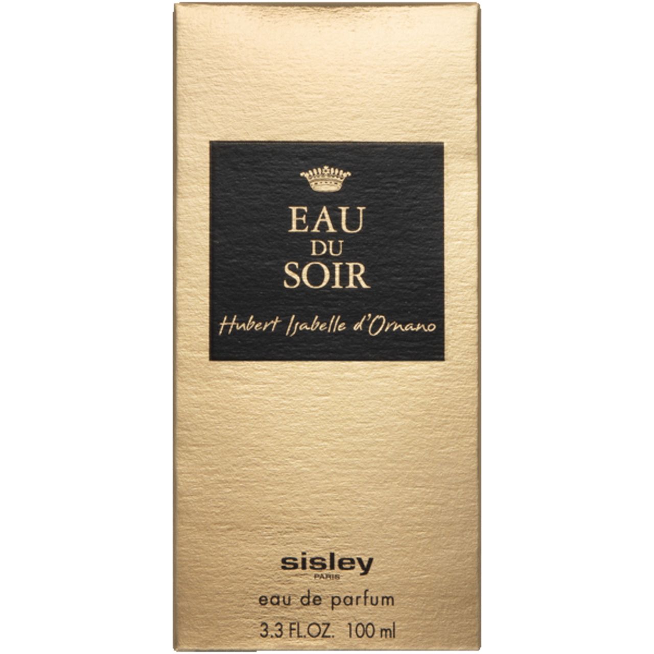 Goldfarbene Verpackung mit schwarzem Etikett. Aufschrift Eau du Soir, Sisley Paris. Text: Eau de parfum, 3.3 FL.OZ. 100 ml.