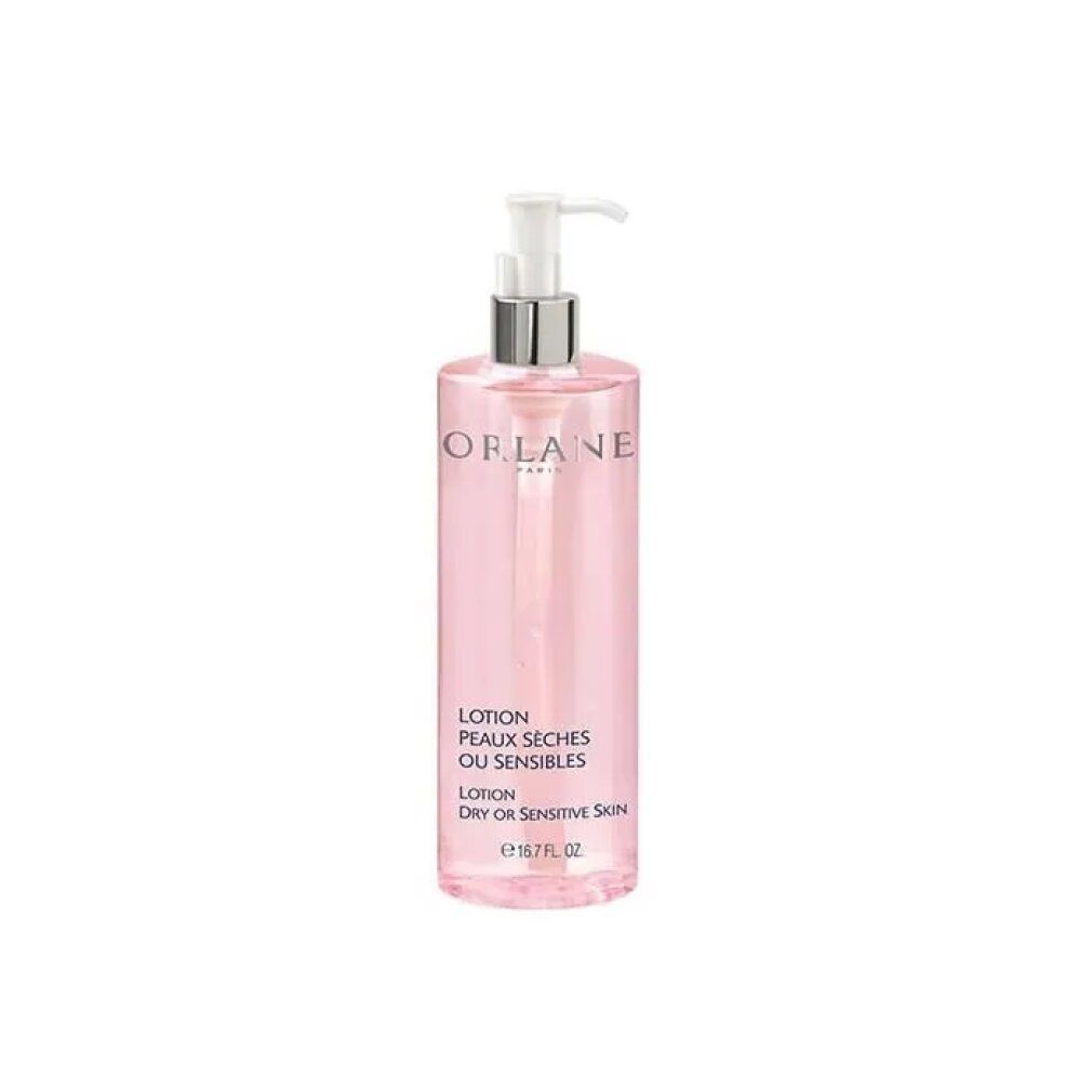 Rosa Lotion-Flasche mit silbernem Pumpkopf. Aufschrift: ORLANE PARIS, Lotion Peaux séches Ou Sensibles.