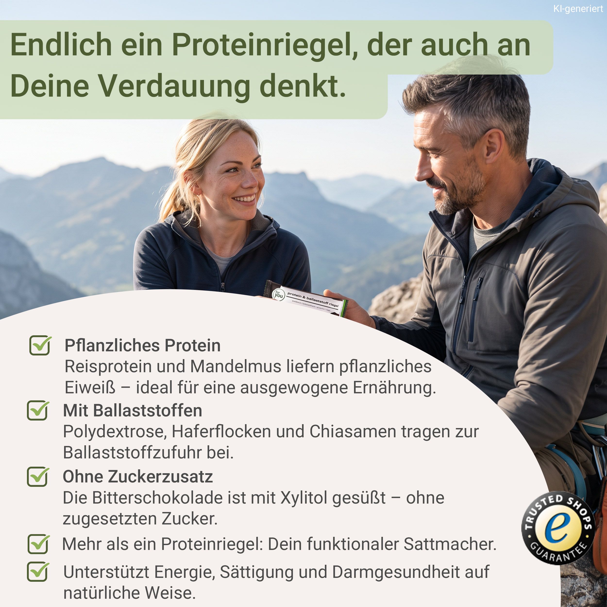 Ein Mann und eine Frau halten einen Proteinriegel in den Bergen. Text hebt pflanzliches Protein und Ballaststoffe hervor.