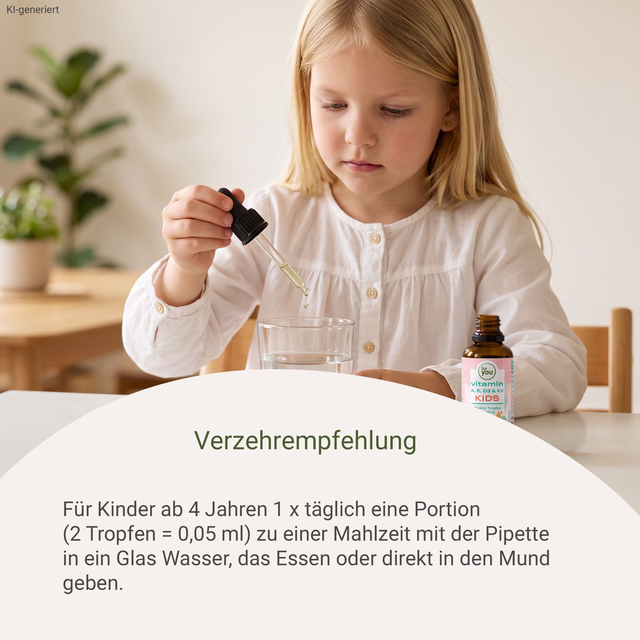 Kind nimmt Vitamin-Tropfen mit Pipette zu sich, daneben Flasche und Text zur Verzehrempfehlung.
