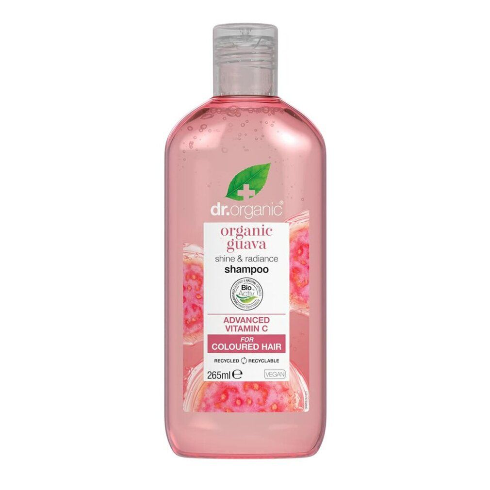 Rosa Shampoo-Flasche mit transparentem Deckel. Aufschrift: Dr. Organic, Guava, für coloriertes Haar. 265ml.