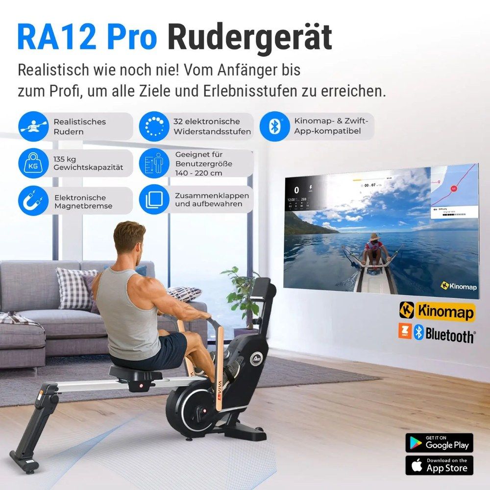 Mann auf einem AsVIVA 3D-Rudergerät RA12 Pro, mit Blick auf einen großen Bildschirm.