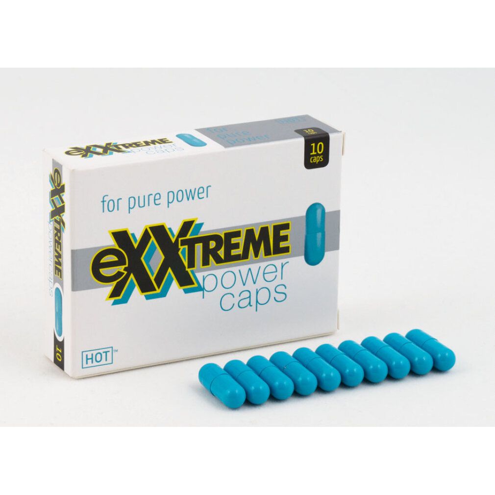 Schachtel und blaue Kapseln. Aufschrift: eXXtreme power caps. 10 Kapseln. Aufschrift: HOT.
