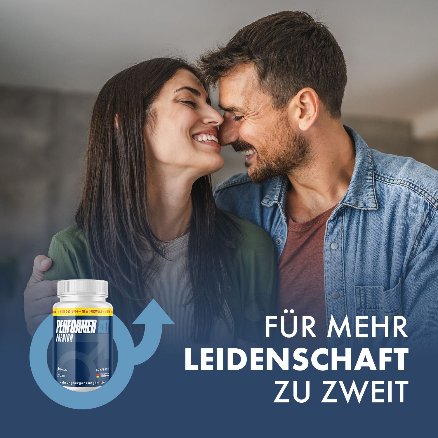 Paar umarmt sich, Flasche Performer 8XT Premium im Hintergrund. Text: Für mehr Leidenschaft zu zweit.
