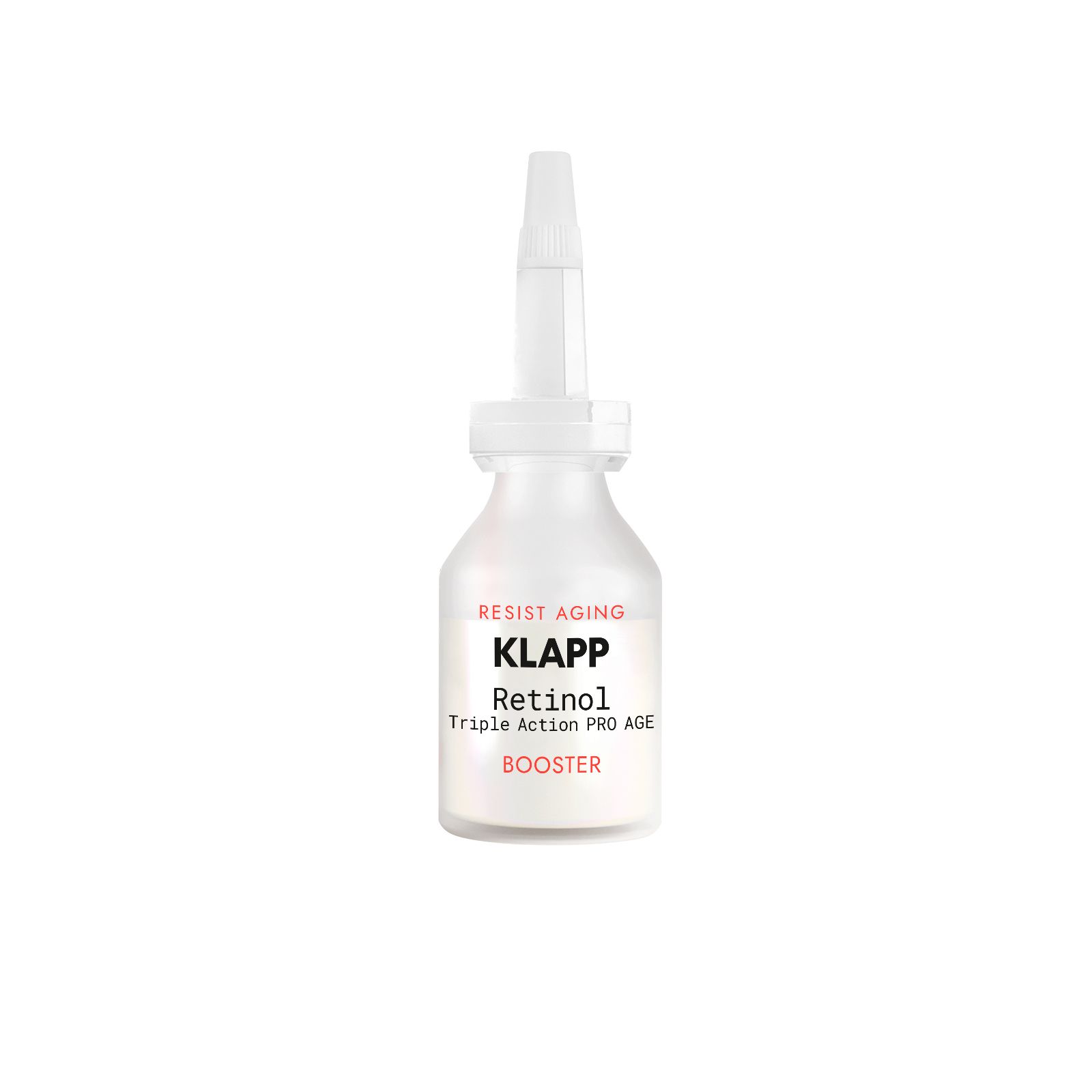 Weiße Flasche mit Klapp, Retinol Triple Action PRO AGE. Aufschrift: BOOSTER. Resist Aging.