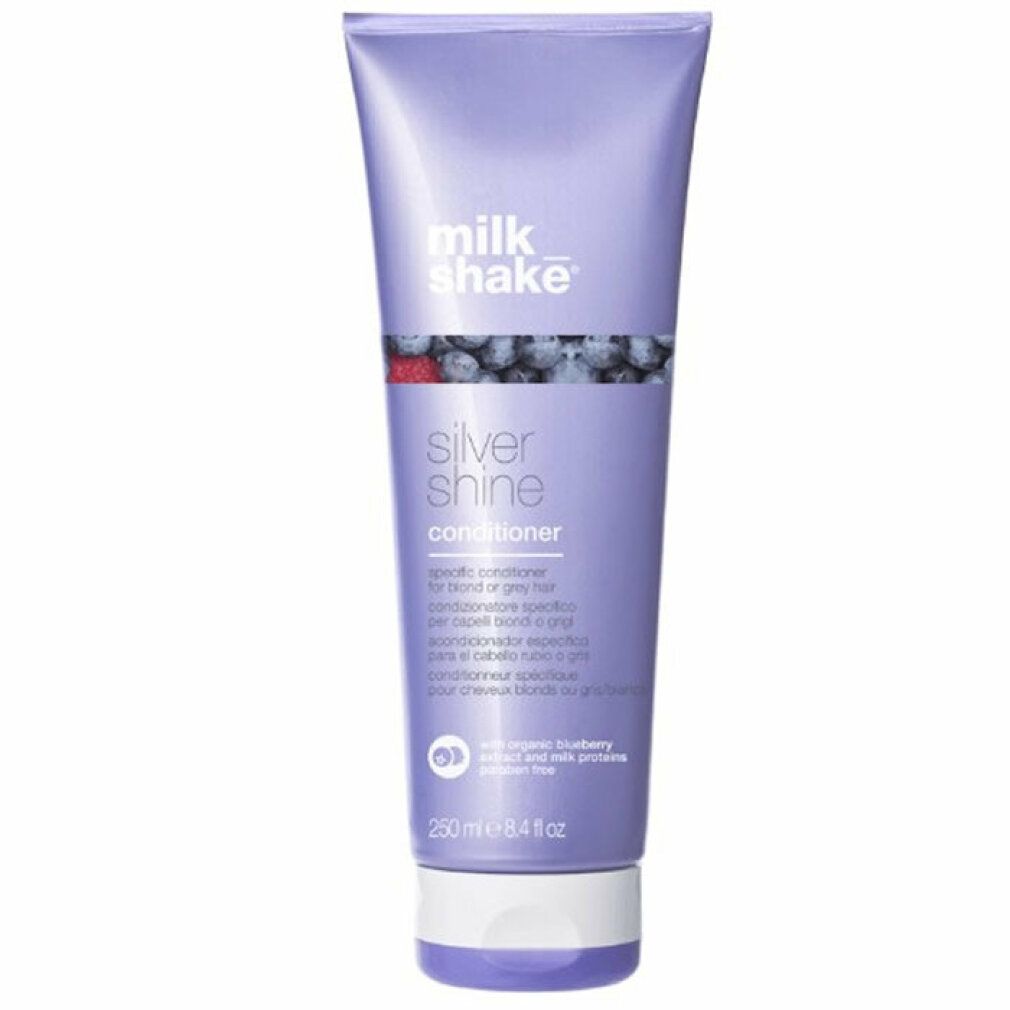 Lila Tube mit "milk shake" und "Silver Shine Conditioner" Aufschrift. Enthält 250 ml. Mit Blaubeeren-Motiv.