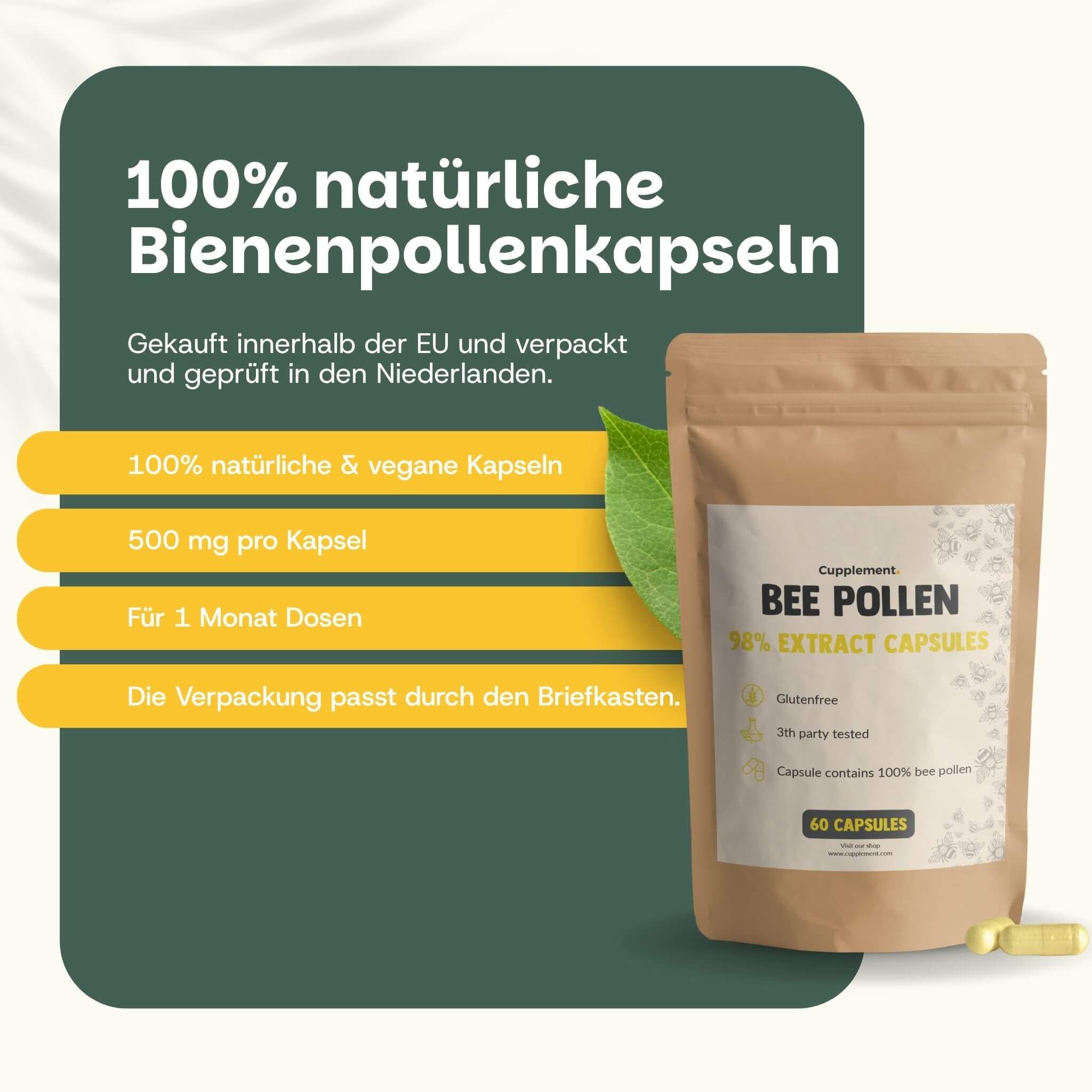 Beutel mit Kapseln. Text: Bee Pollen 98% Extract Capsules. 60 Kapseln. 100% natürlich & vegan. 500 mg pro Kapsel.