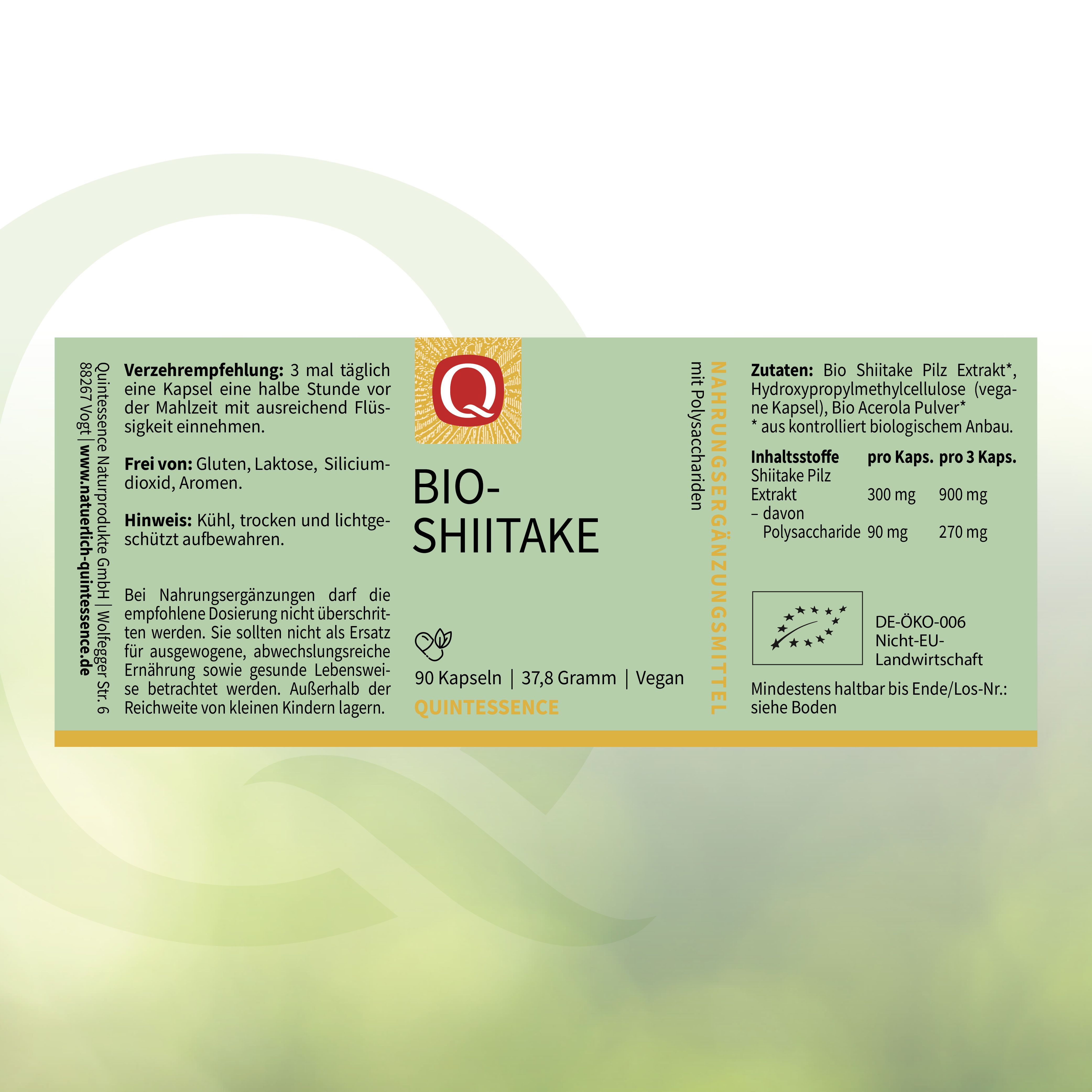 Etikett mit Produktinformationen: "BIO-SHIITAKE", 90 Kapseln, 37,8 Gramm, Vegan. Marke: Quintessence. Zertifizierung: DE-ÖKO-006.