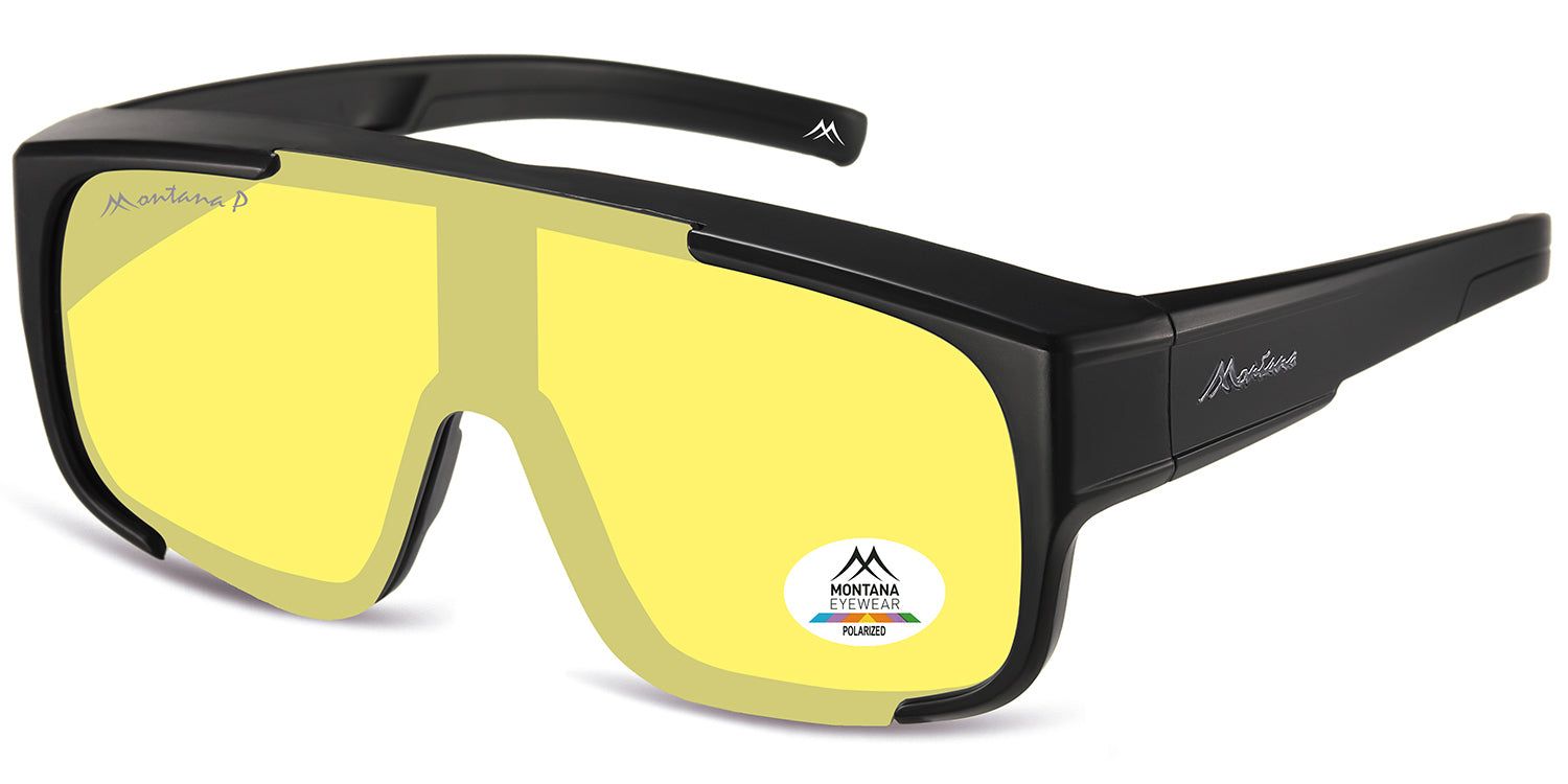Schwarze Sonnen-Überbrille mit gelben Gläsern. Montana Eyewear Logo und Polarisations-Zertifizierung.