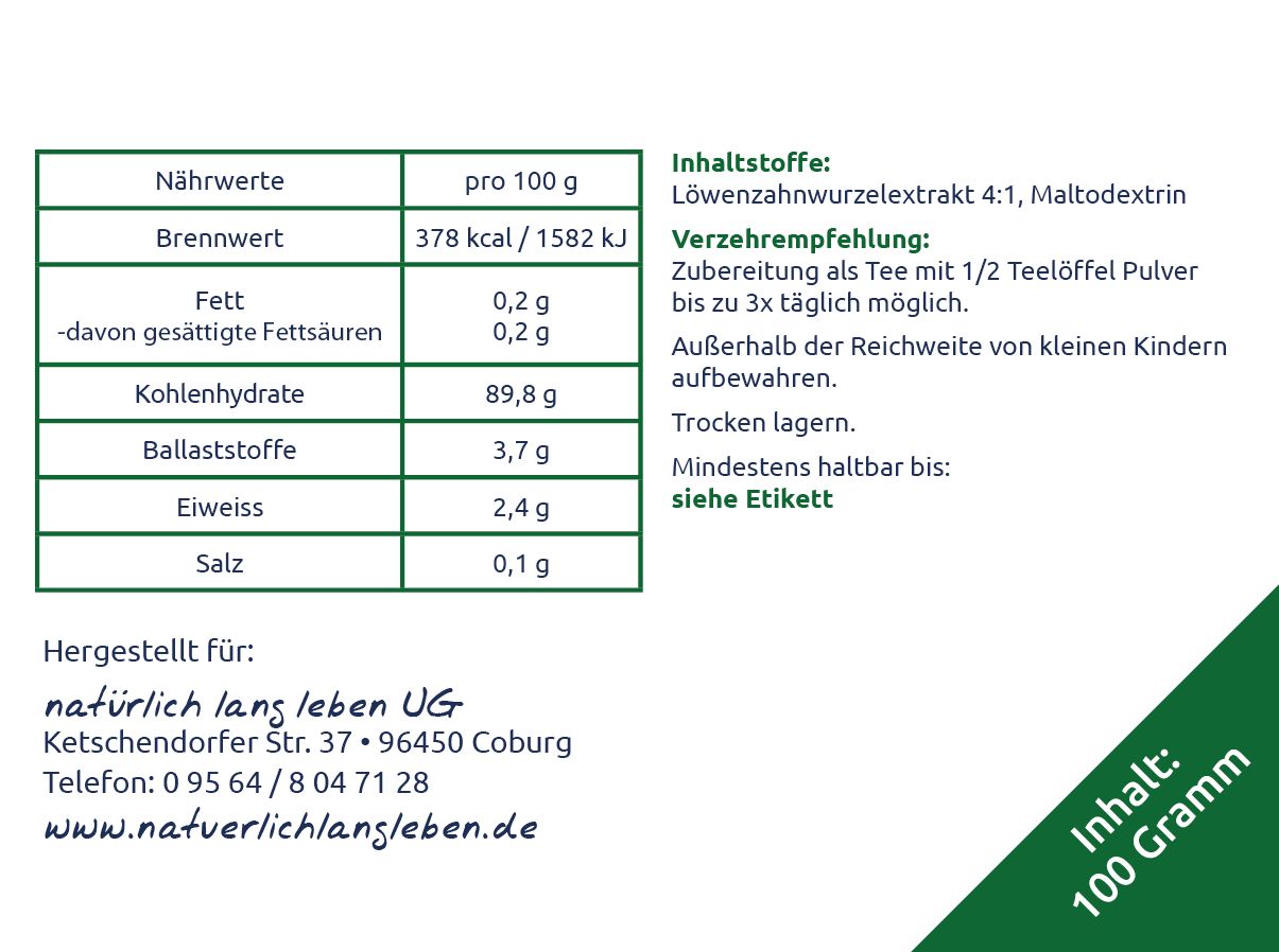 Etikett mit Nährwertangaben und Inhaltsstoffen. Text: Löwenzahnwurzelextrakt 4:1, Maltodextrin. Inhalt: 100 Gramm.
