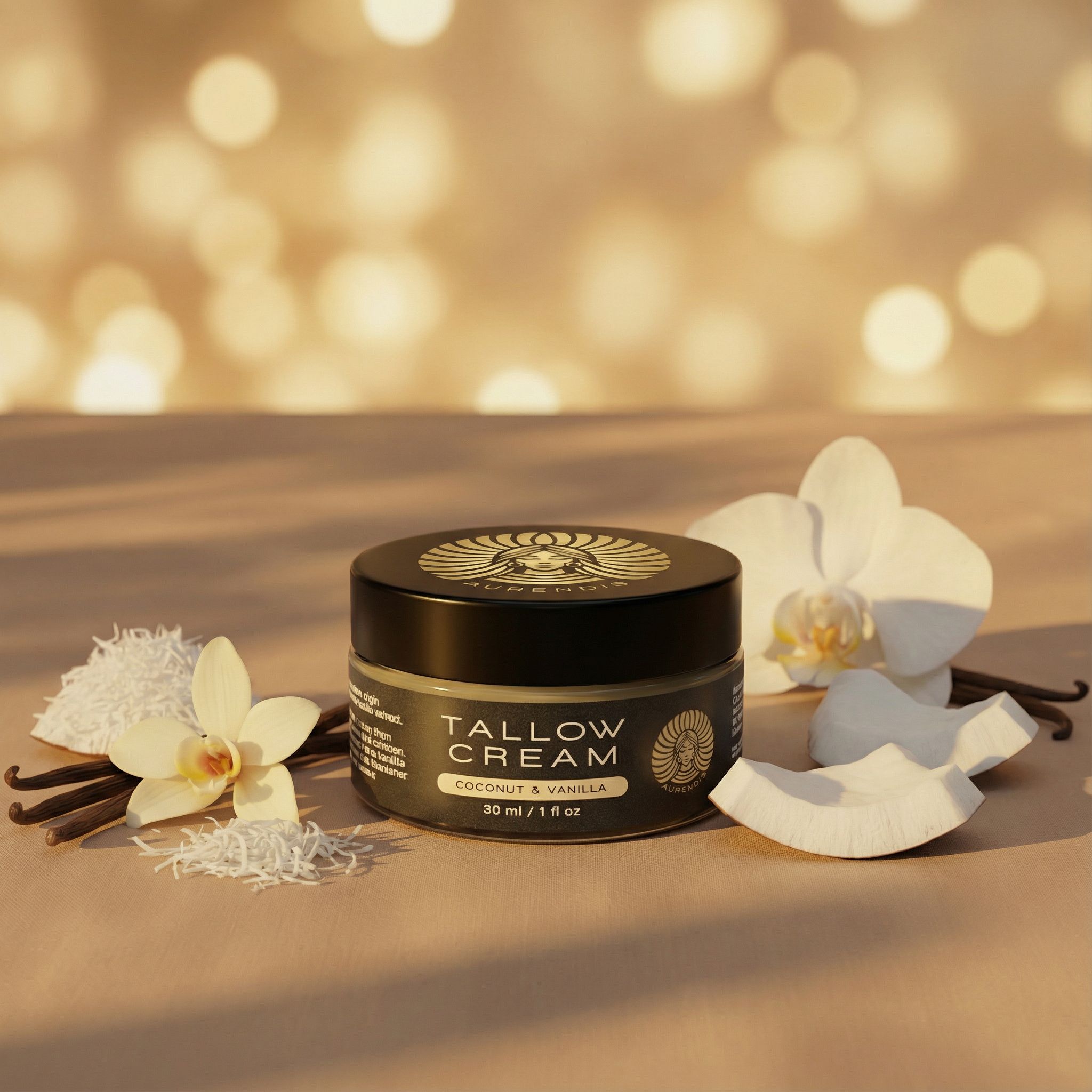 Tiegel Tallow Creme, Kokosnuss, Vanille, Blüten. Aufschrift: Tallow Creme, 30 ml, Kokosnuss & Vanille.