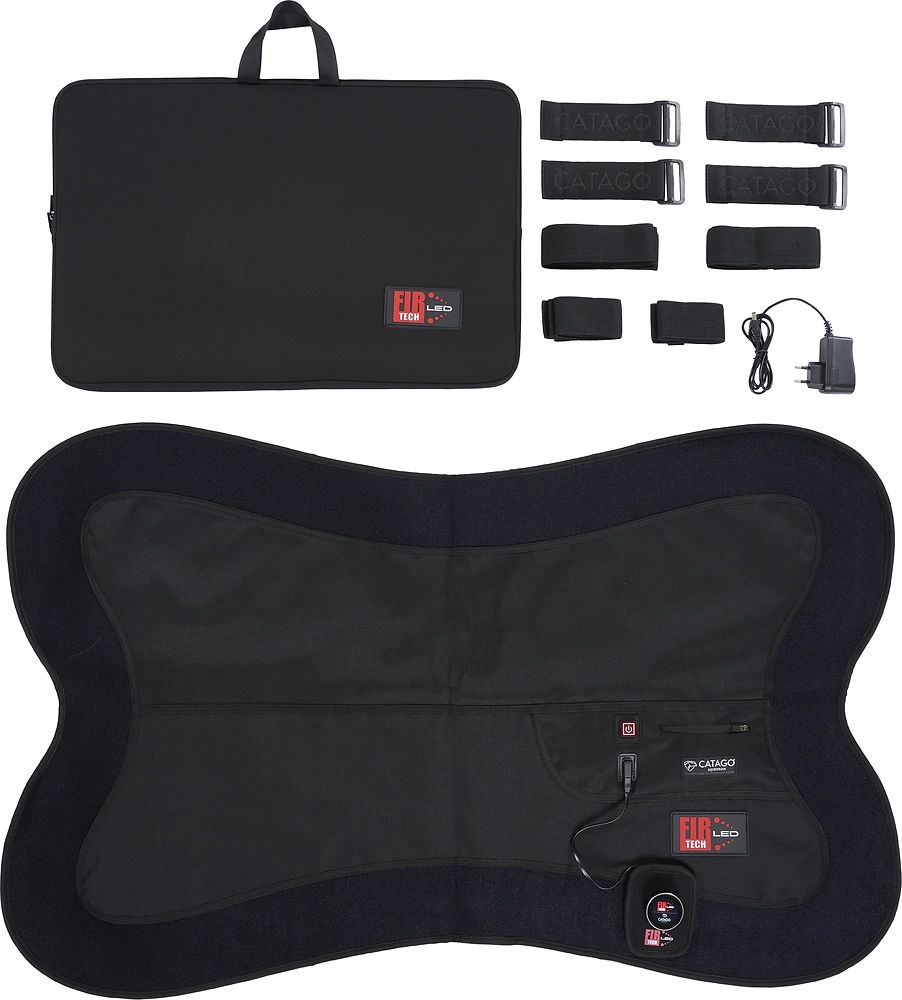 Schwarzes CATAGO FIR-Tech LED Pad, Zubehör und Tasche. Enthält Gurte, Netzteil und Tasche. Text: FIR LED TECH.
