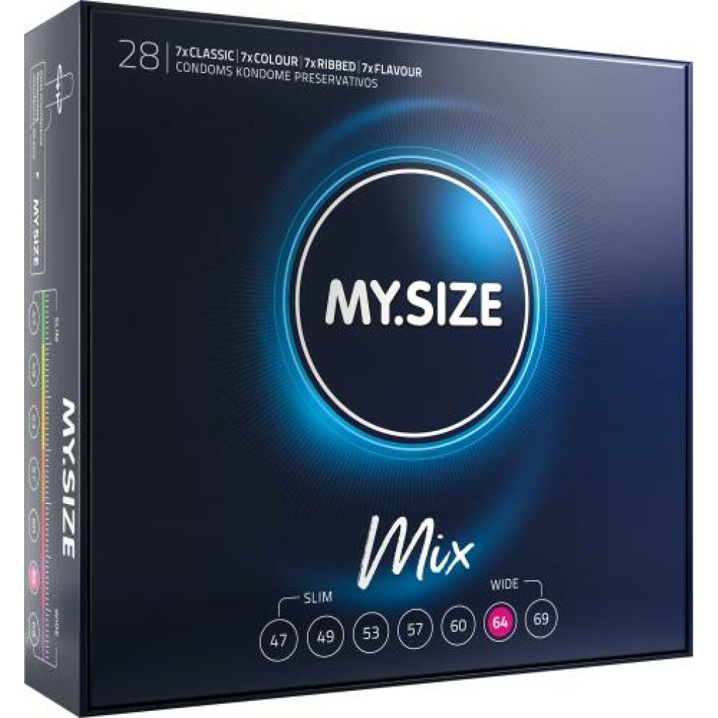 MY.SIZE Mix Kondome 64mm. Verpackung neben einem Paar und einzelnen Kondompackungen. Mit Größenangabe.