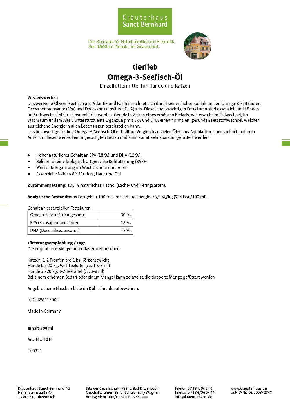 Sanct Bernhard tierlieb Omega-3-Seefisch-Öl