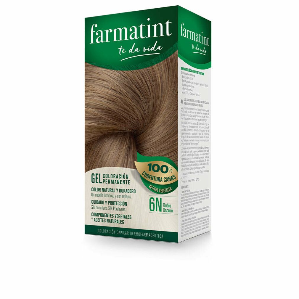 Farmatint-Haarfärbegel in Schachtel. Farbton 6N-Dunkelblond. 100% Grauhaarabdeckung. Gel-Formel. Natürliche Farbe und Glanz.