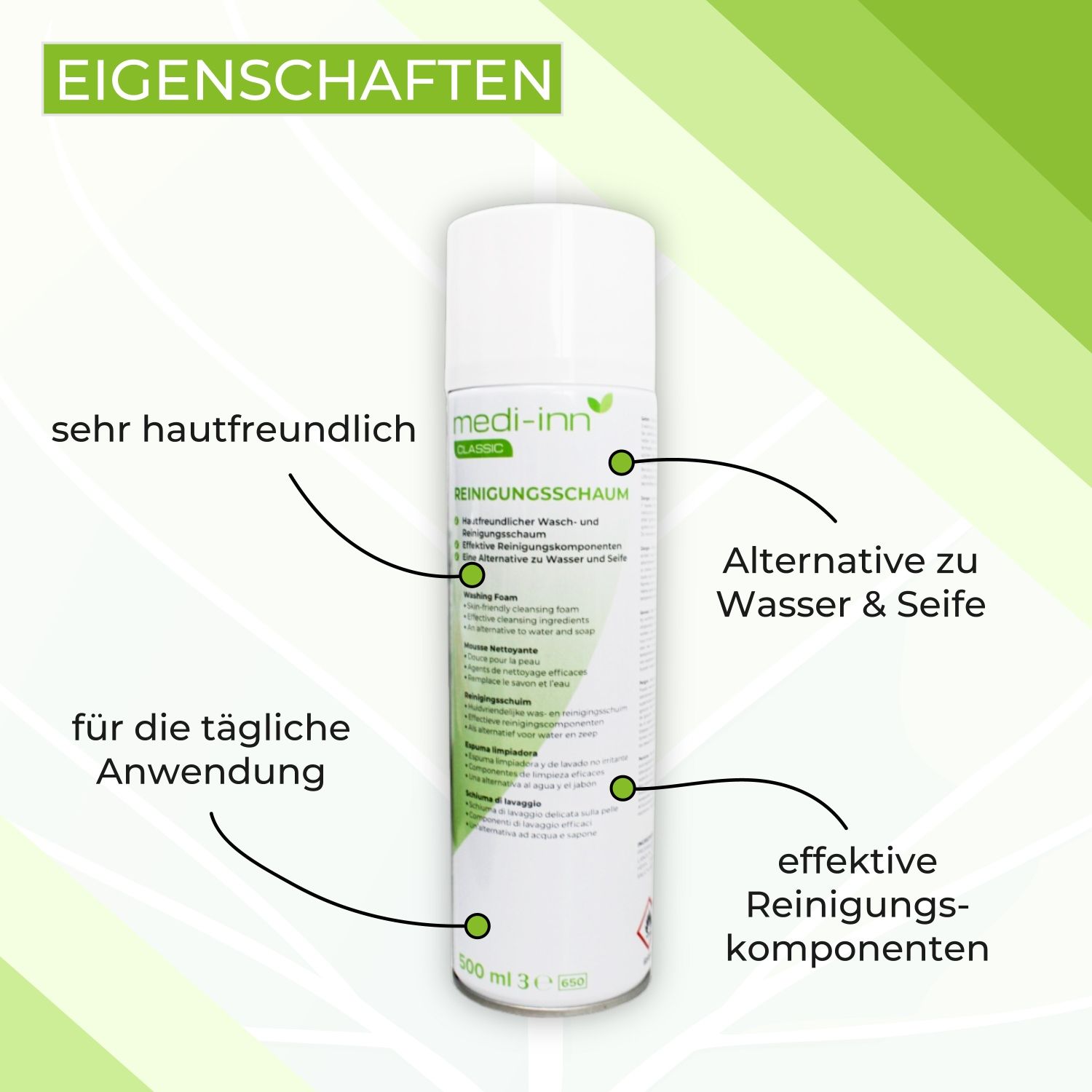 Reinigungsschaum-Dose, mit Hervorhebungen. Eigenschaften: hautfreundlich, tägliche Anwendung, Reinigungs-komponenten, Alternative zu Wasser & Seife.