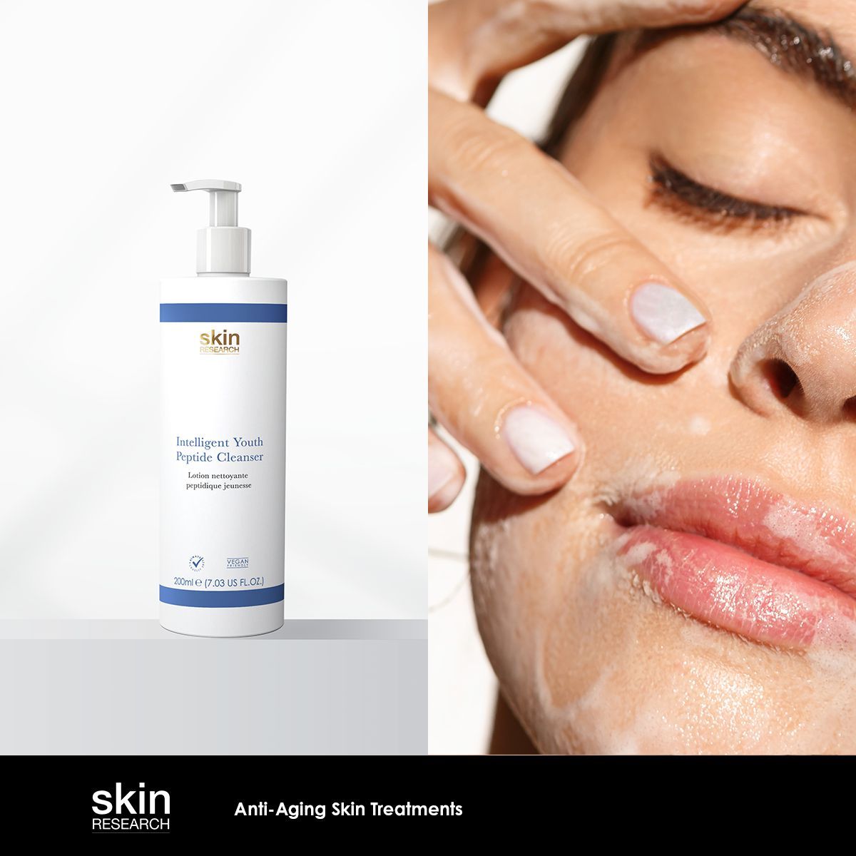Hautpflegeprodukt mit Pumpe und Gesicht. Text: Intelligent Youth Peptide Cleanser. Marke: Skin Research. Anwendung.