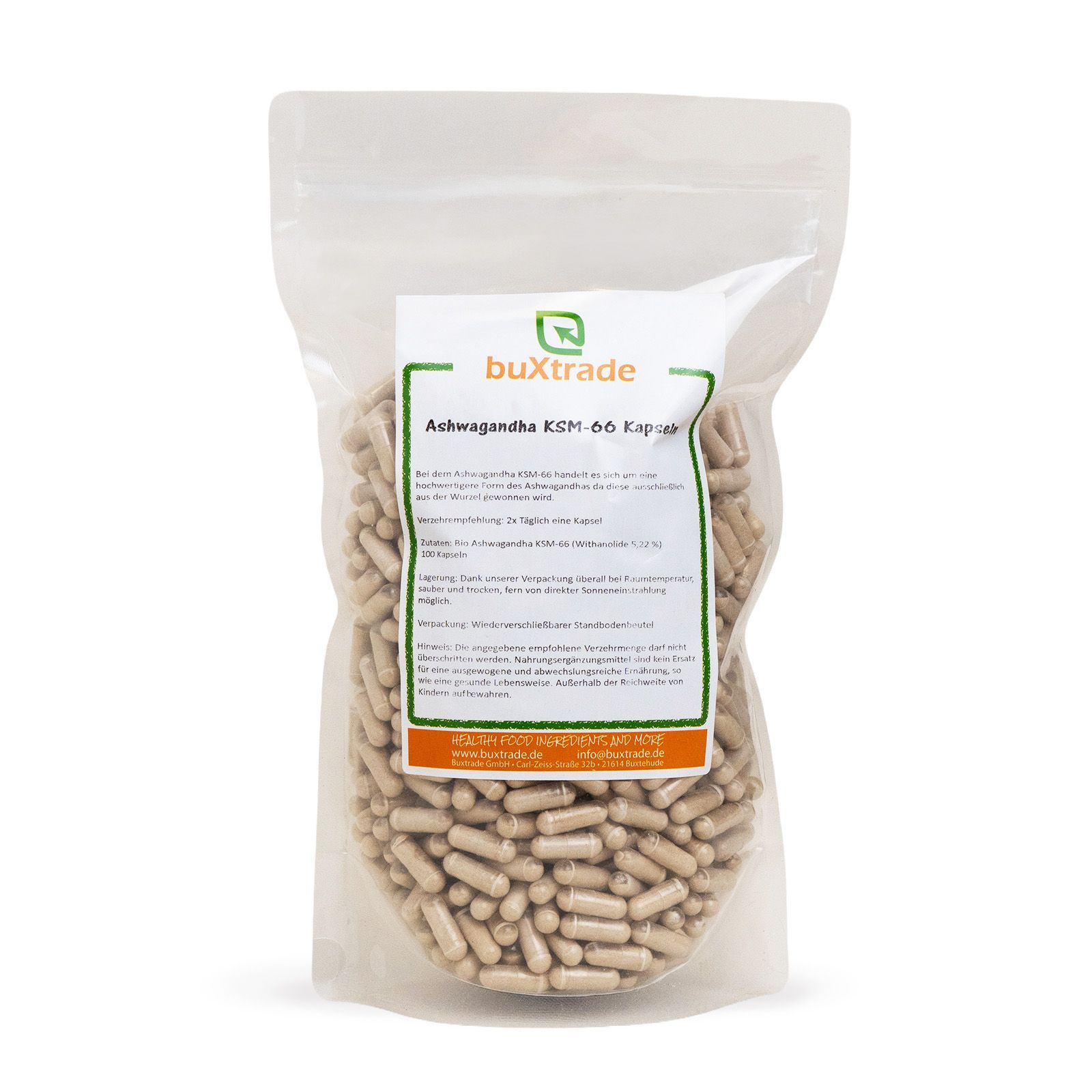 Beutel mit Kapseln. Aufdruck: buXtrade Ashwagandha KSM-66 Kapseln.
